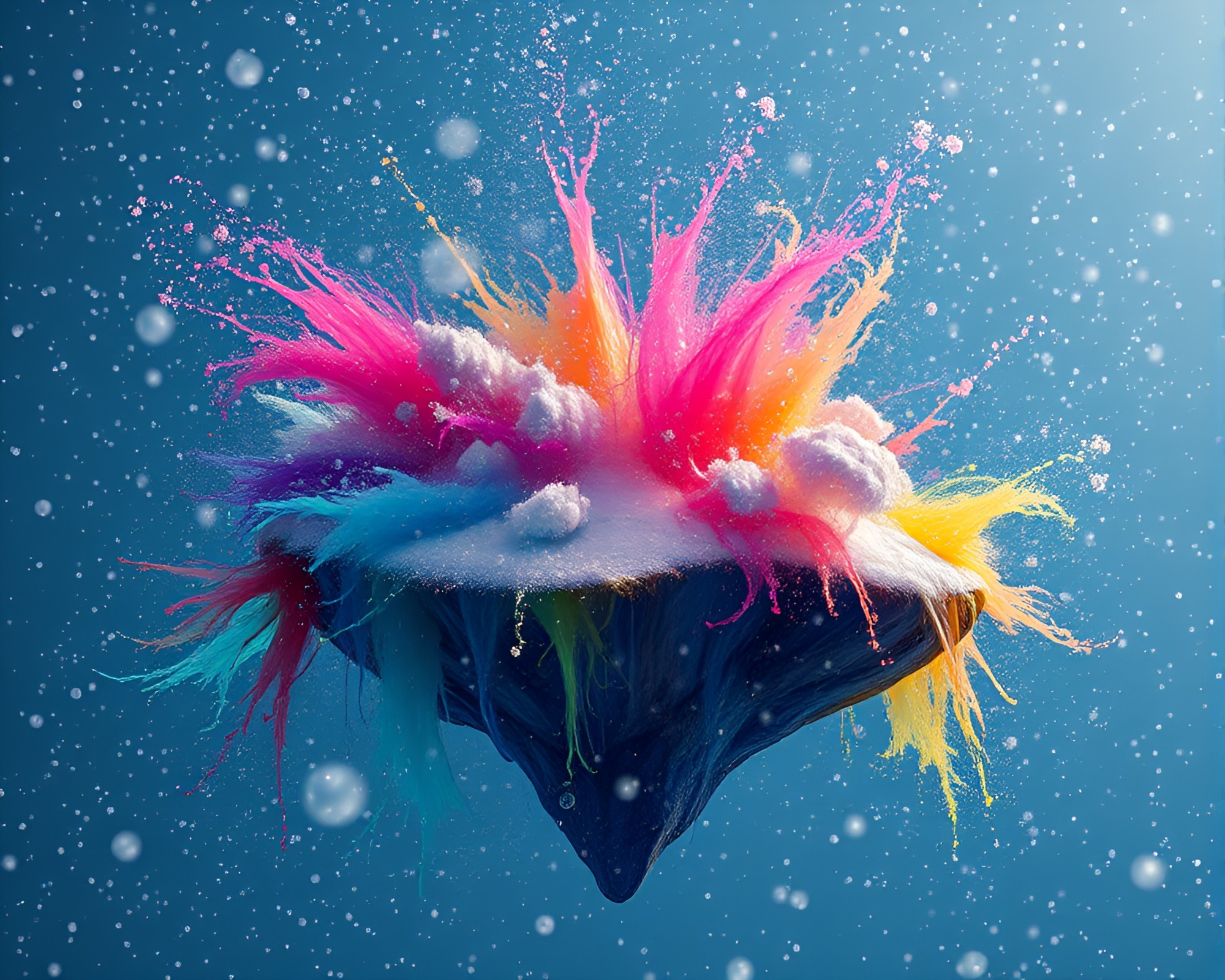 Vibrant Snowflakes Drift over Magical Floating Island – free AI stock image