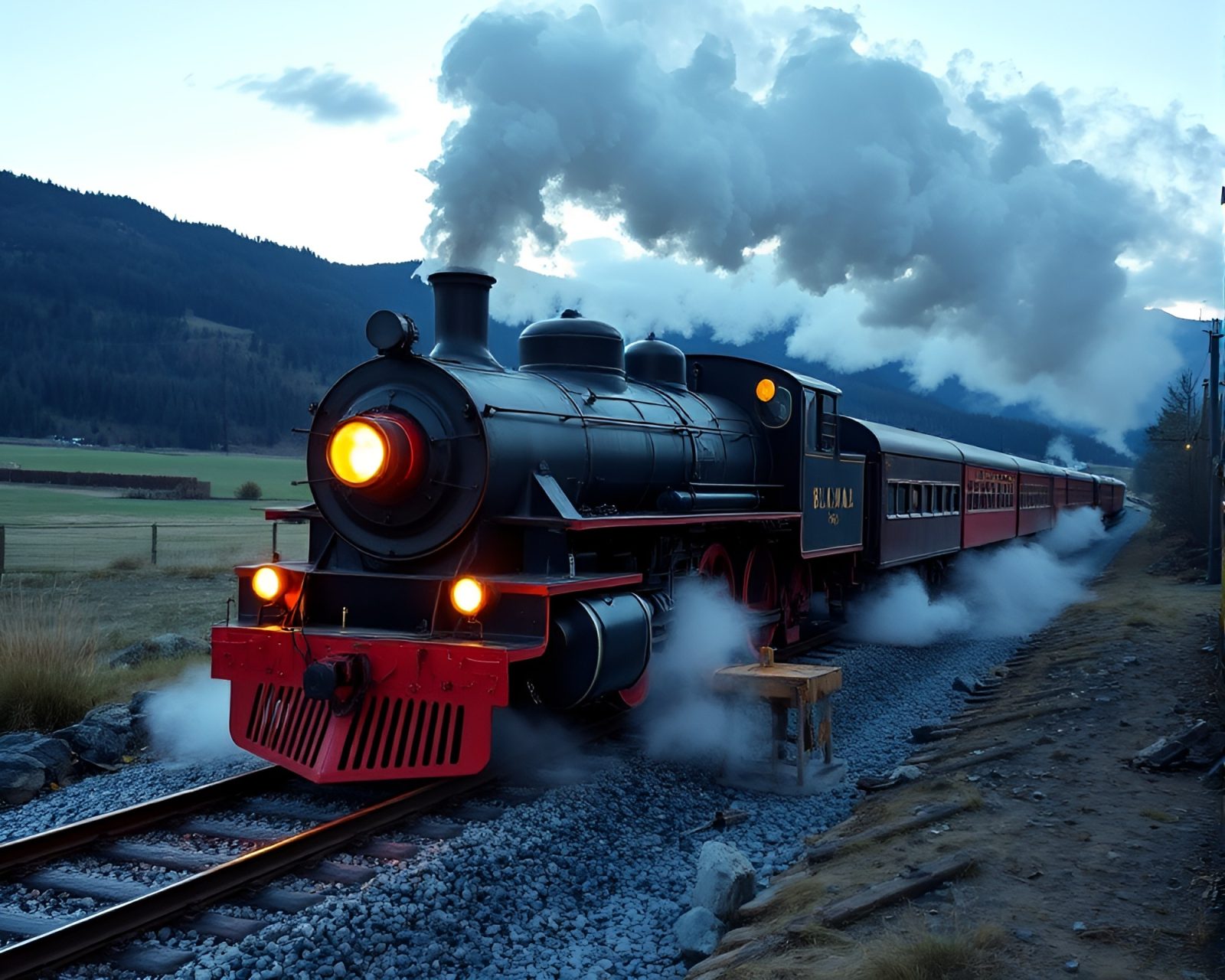 Surreal scene of a levitating train amidst steam