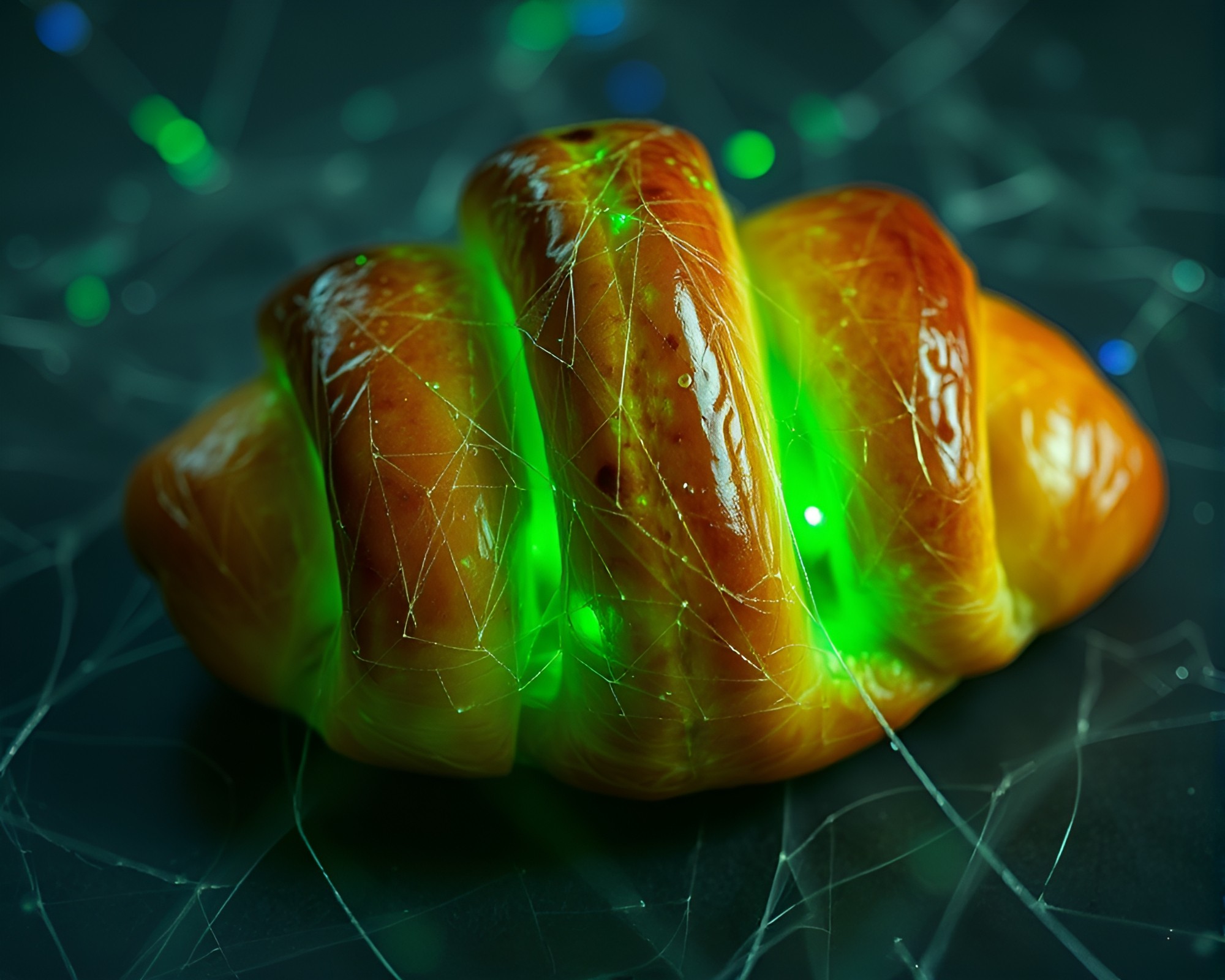 Enchanted Forest Croissant Illuminated by Holographic Cobweb Strands – free AI stock image