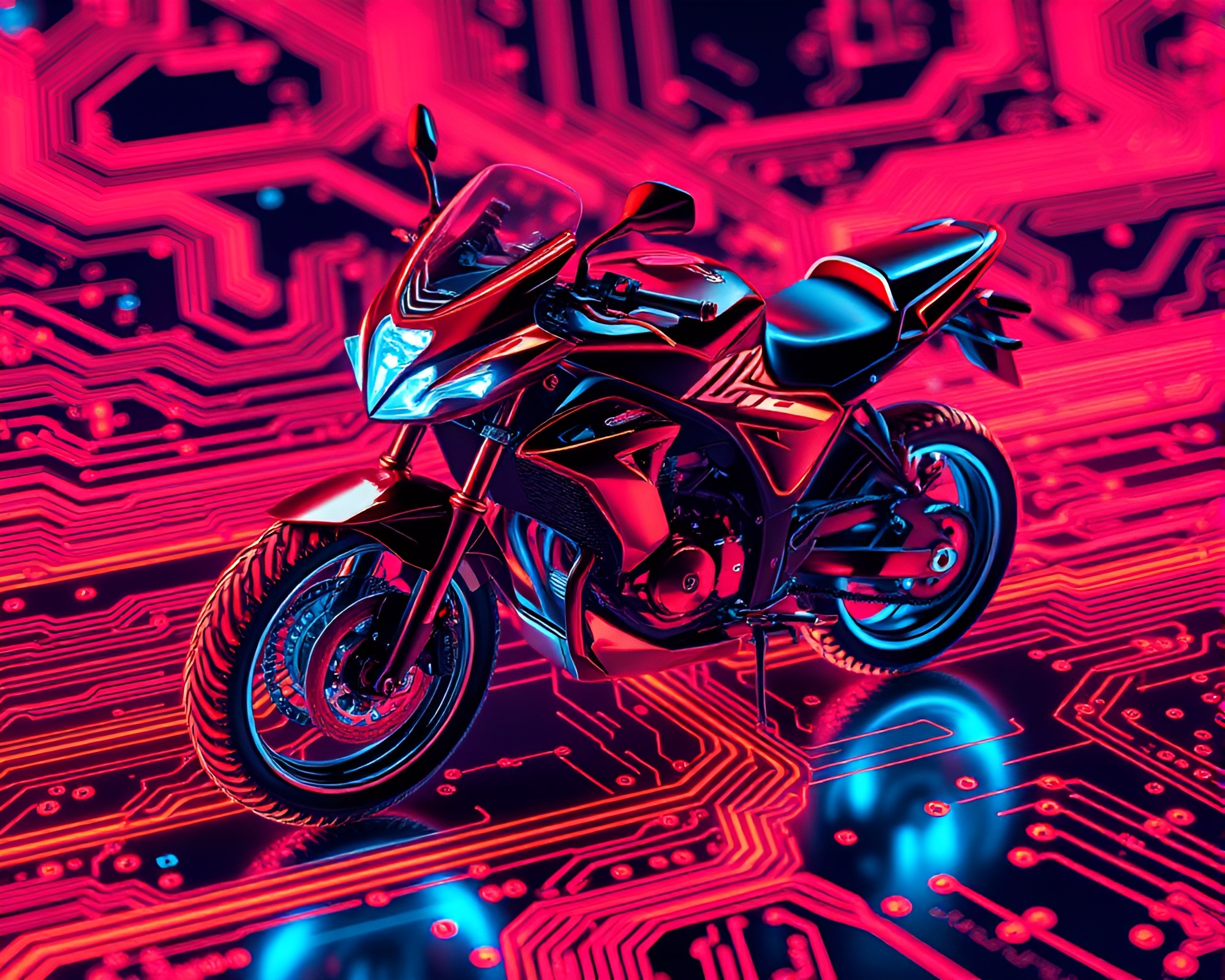 Electric Circuit Motorcycle in Neon Glow – free AI stock image