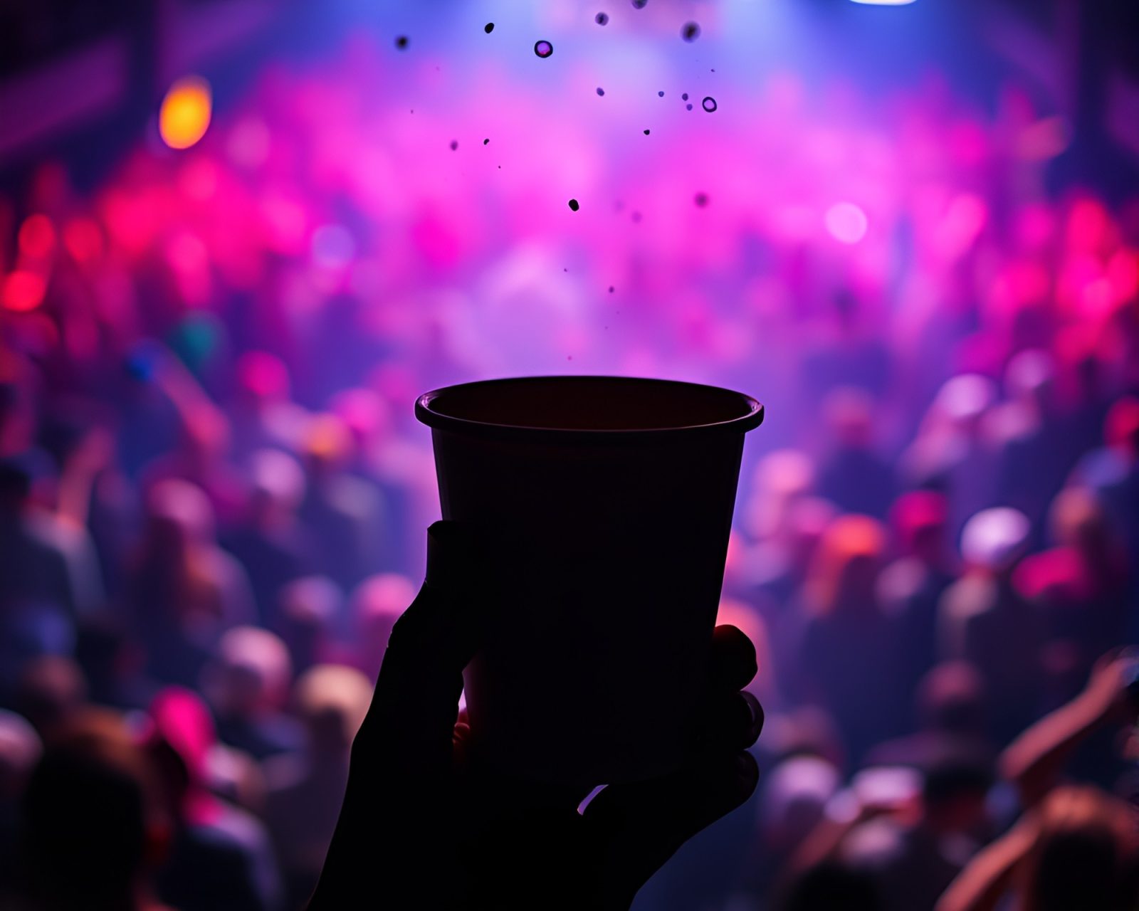 Silhouette of crowd enjoying coffee in colorful paint splatter