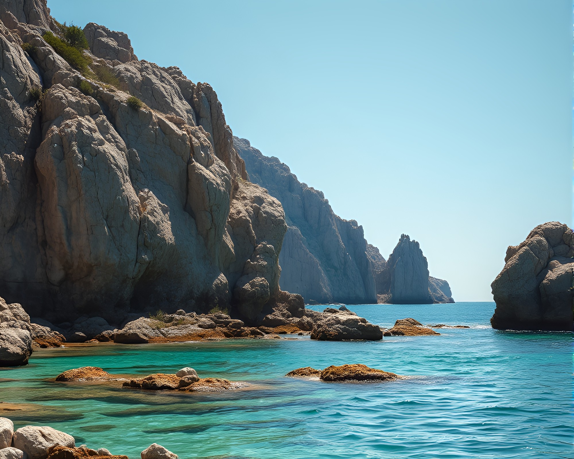 Gilded Highlights on Rocky Coastline: Stereograph Masterpiece – free AI stock image