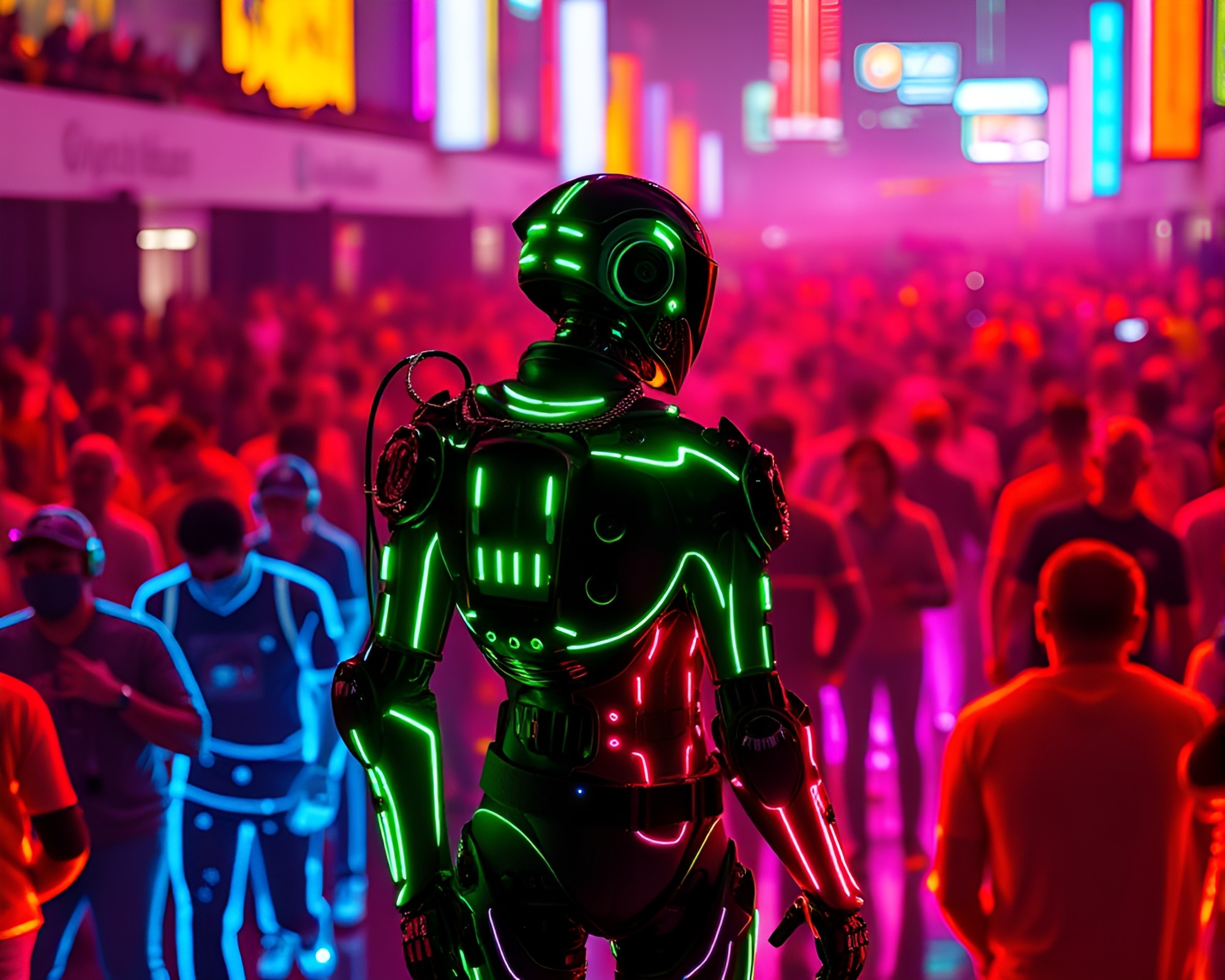 Crowd of Silhouette Figures in Neon Exoskeleton Suits – free AI stock image