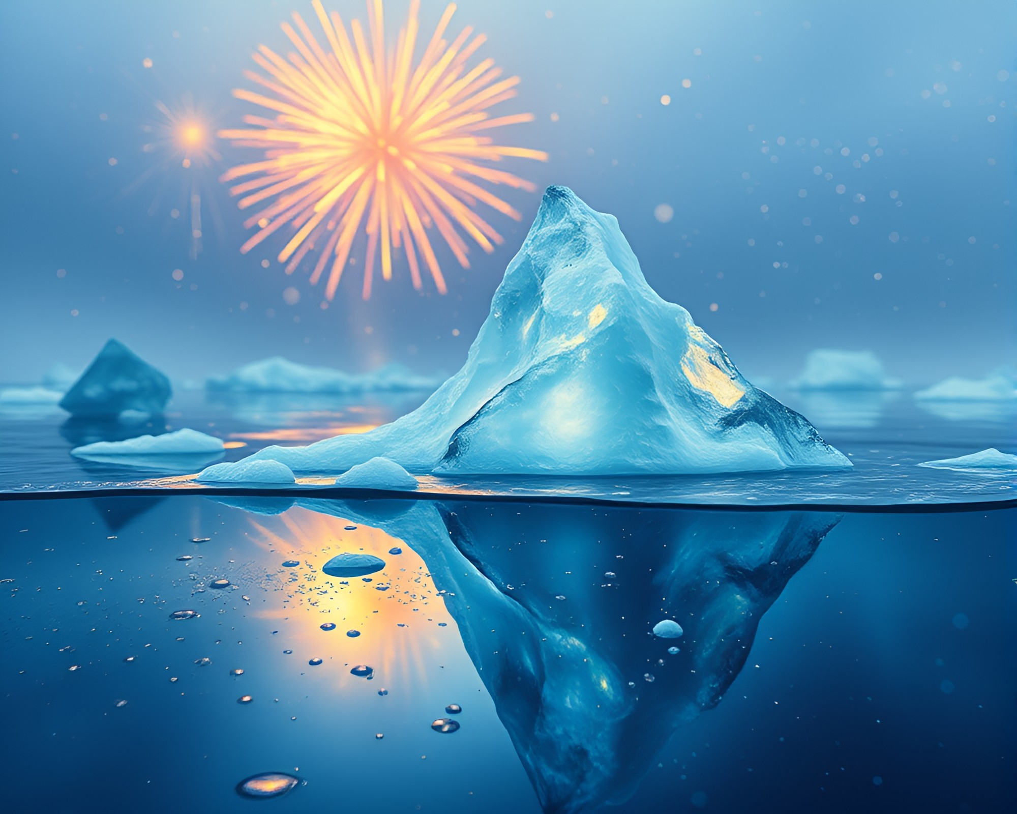 Arctic Iceberg Illuminated by Festival Fireworks Water Droplets – free AI stock image