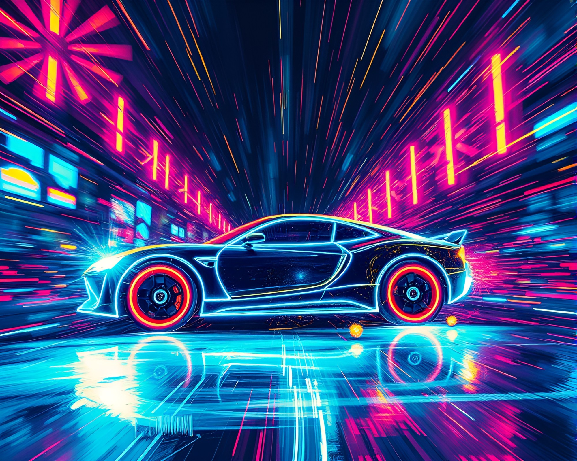 Futuristic Neon Wireframe Hover Car with Lens Flare – free AI stock image