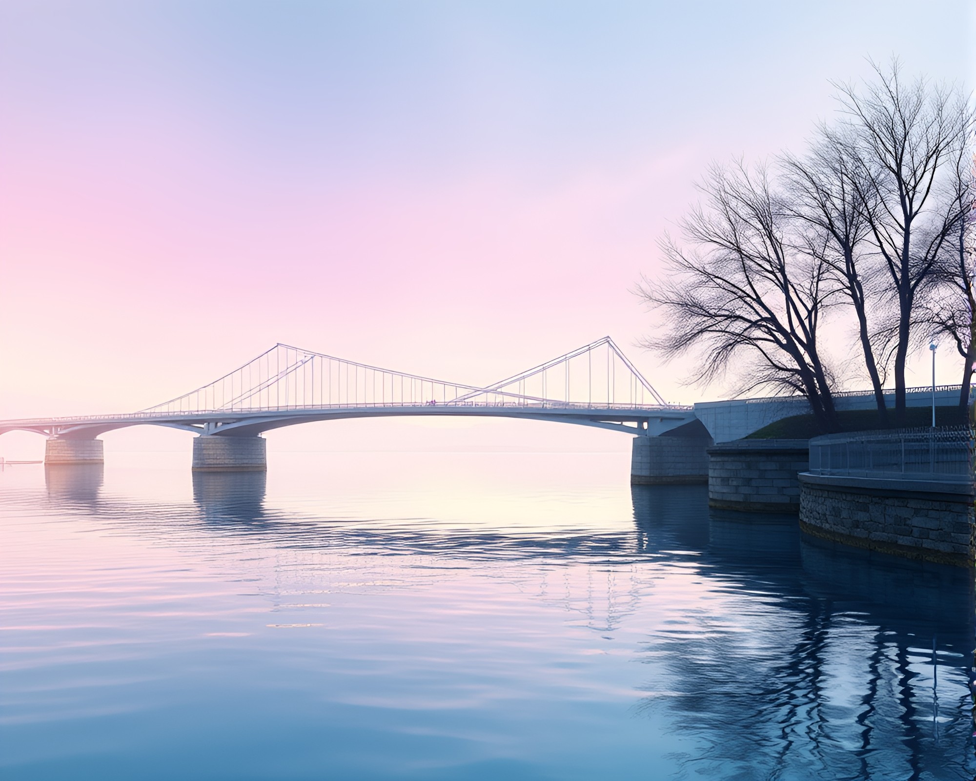 Serenity Over Arch: Pastel Reflected Bridge – free AI stock image