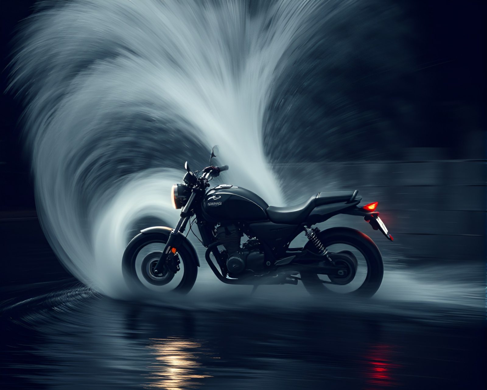 Eerie neon motorcycle swirling in dark watery vortex
