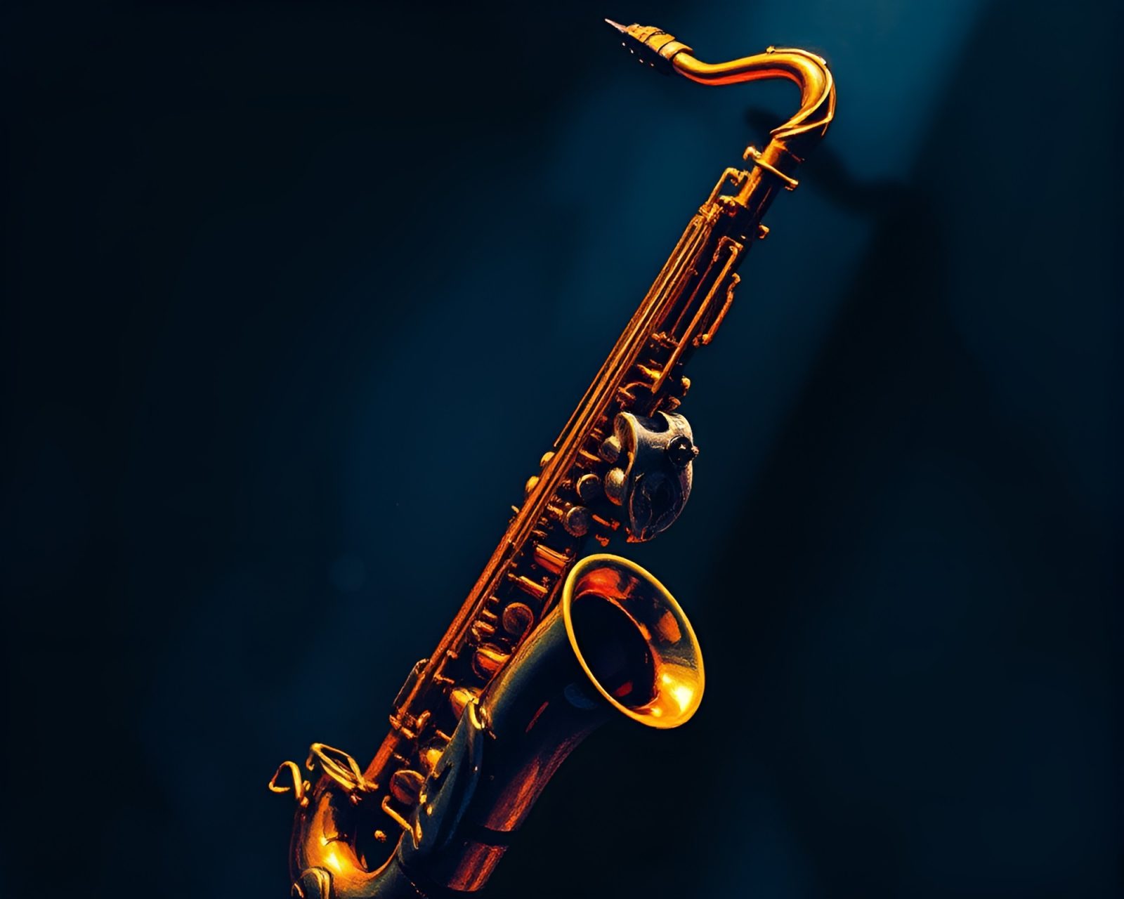 Softly lit saxophone surrounded by pixelated colors and shapes