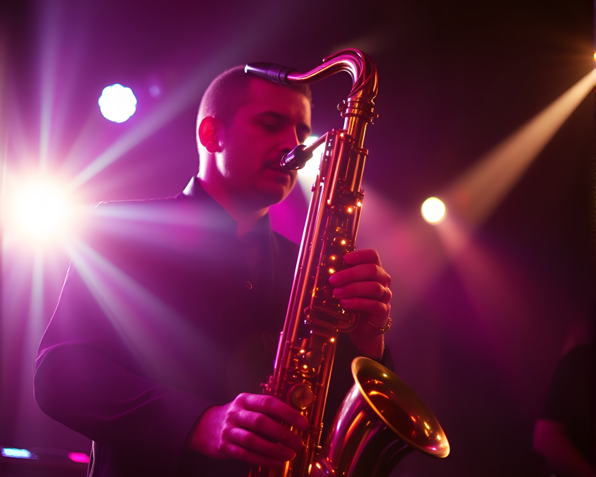 Saxophonist in Noir Club with Strobe Lights – free AI stock image