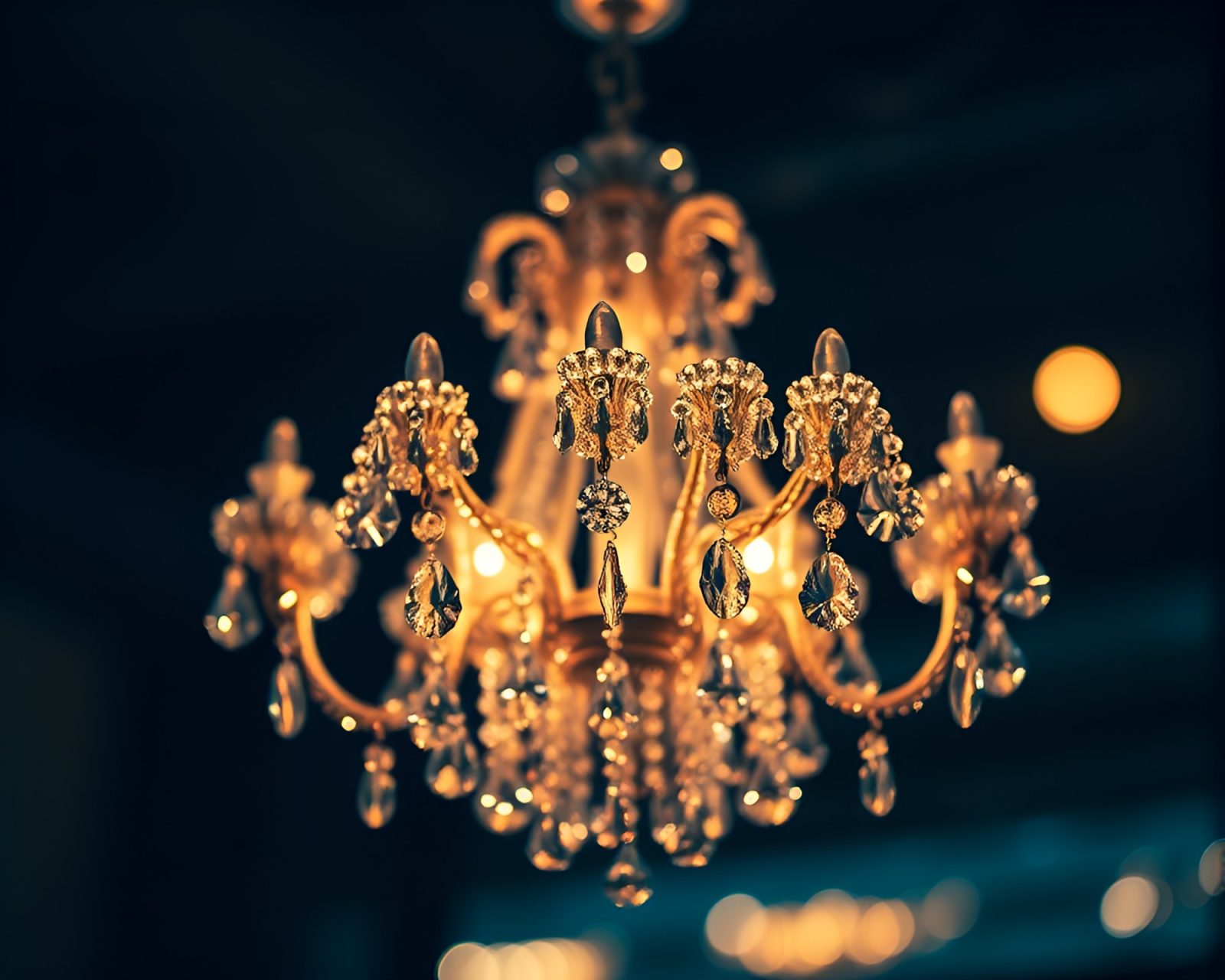 Macro detail of ASCII crystal chandelier with bokeh lights
