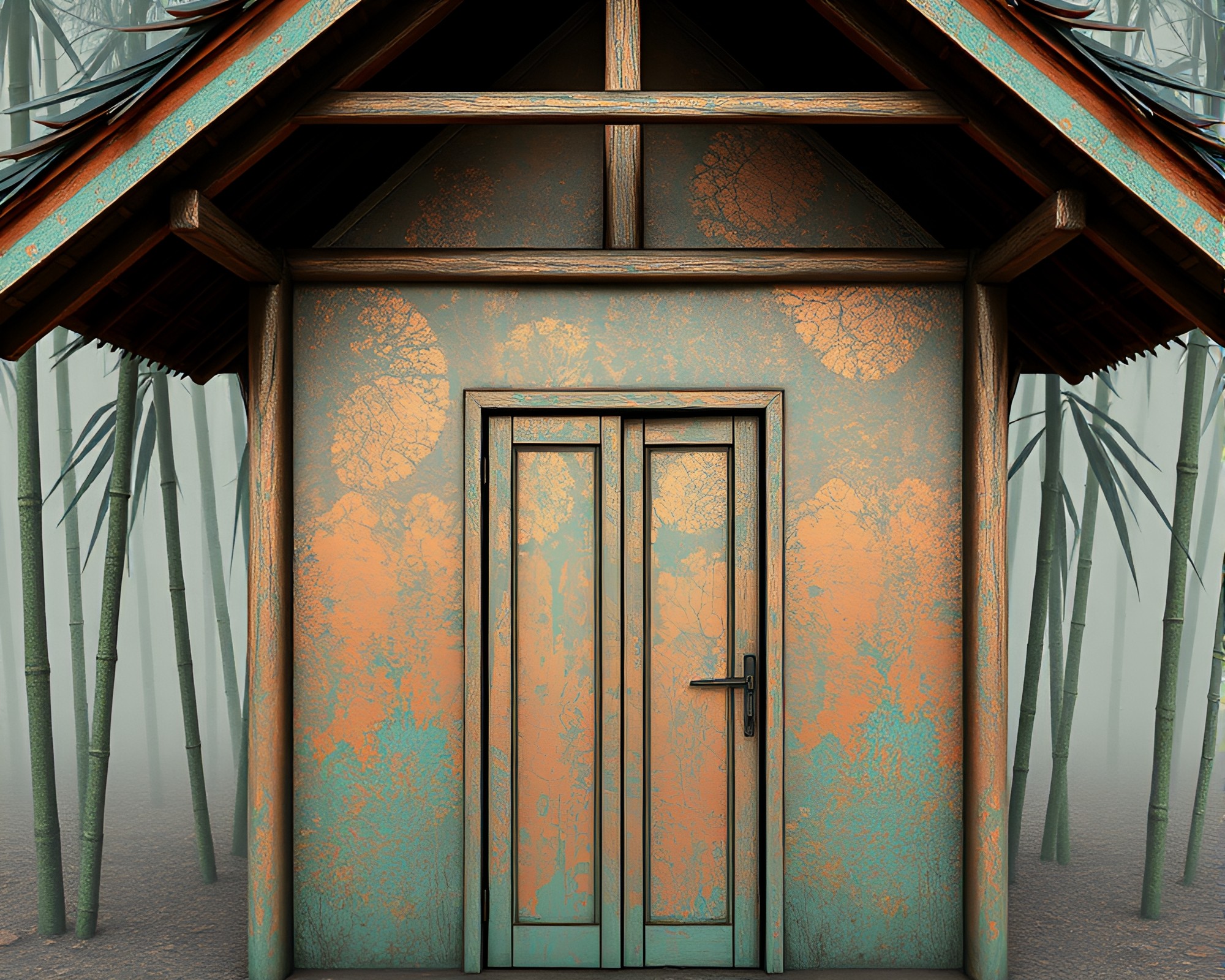 Bamboo Hut Amidst Cosmic Dust in Glitch Art – free AI stock image