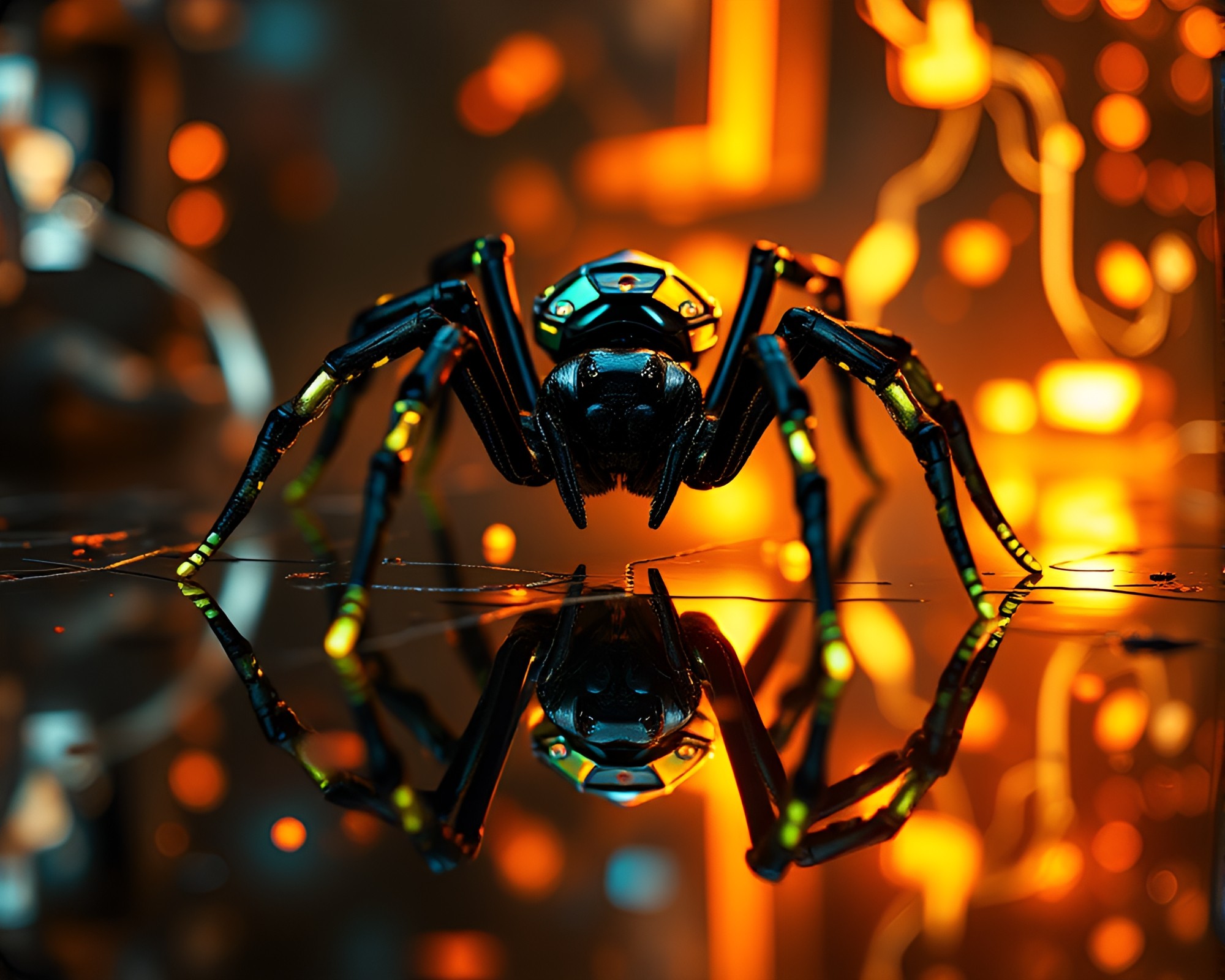 Mechanical Spider Reflection in Bioluminescent Mirror Shard – free AI stock image