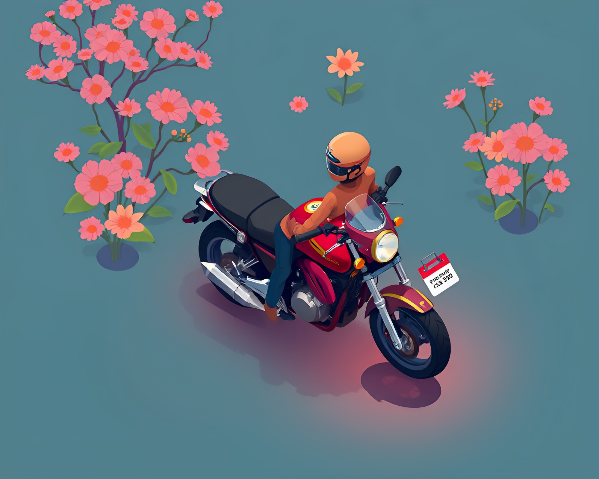 Motorcycle Rider Capturing Digital Bloom in Isometric World – free AI stock image
