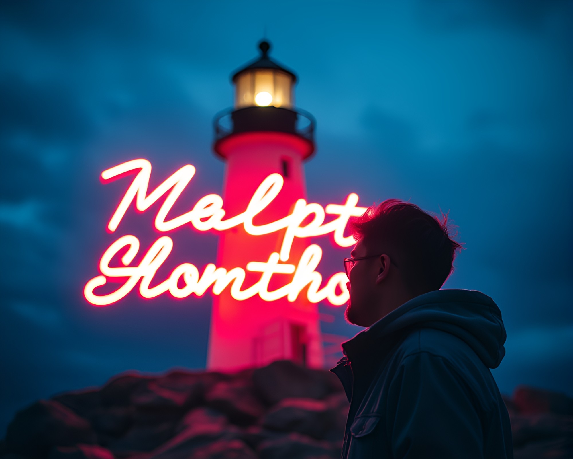 Lighthouse Visit at Dusk: Neon Glow Captured – free AI stock image