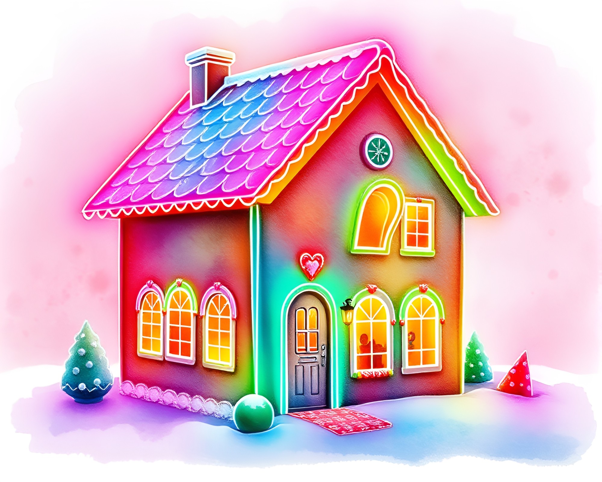 Neon Gingerbread House in Watercolor Toon Style – free AI stock image