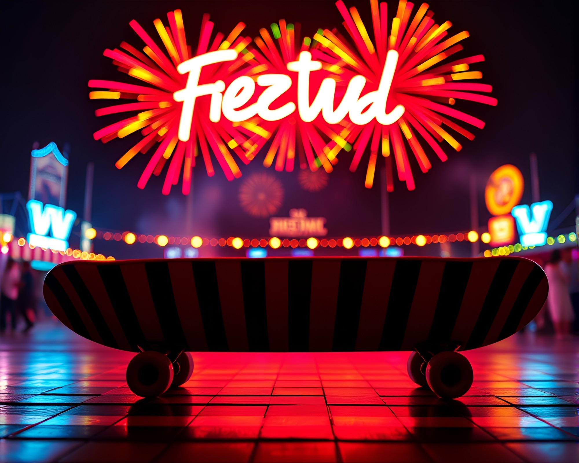 Vibrant Neon Skateboard Festival Fireworks Glow – free AI stock image
