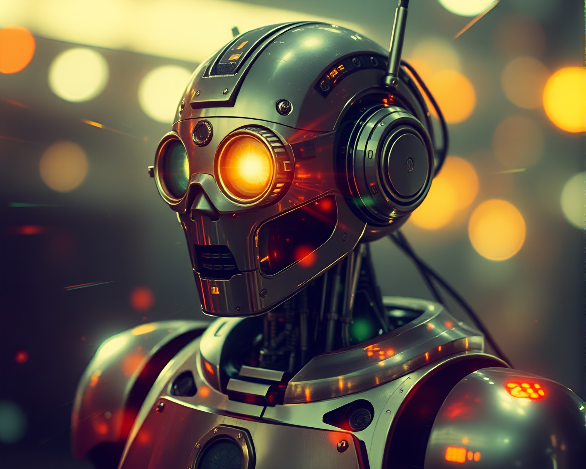 Steampunk Robot in Digital Noise with Lens Flare Bursts – free AI stock image
