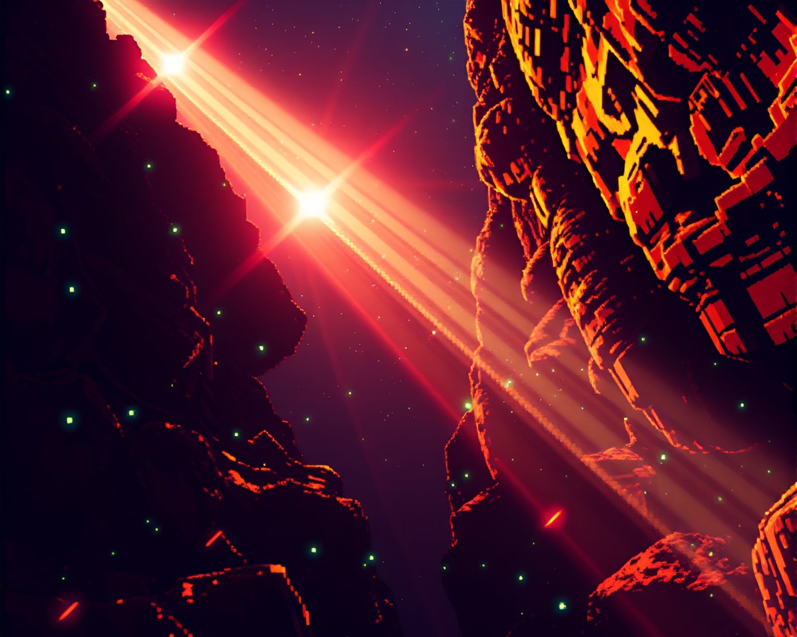 8-bit style depiction of a vibrant LED canyon landscape