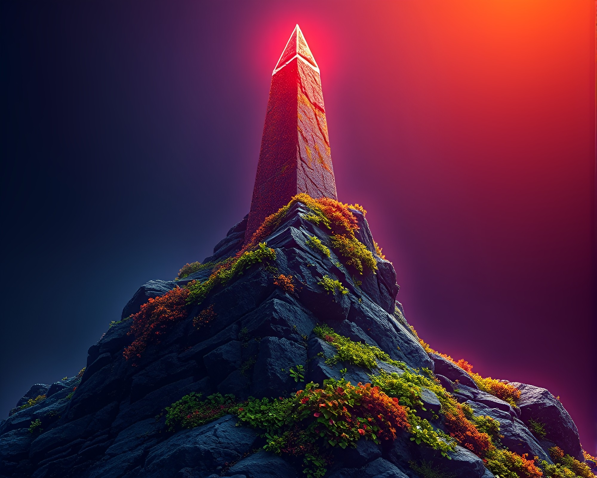 Mystical Neon Obelisk Among Lichen Textures – free AI stock image