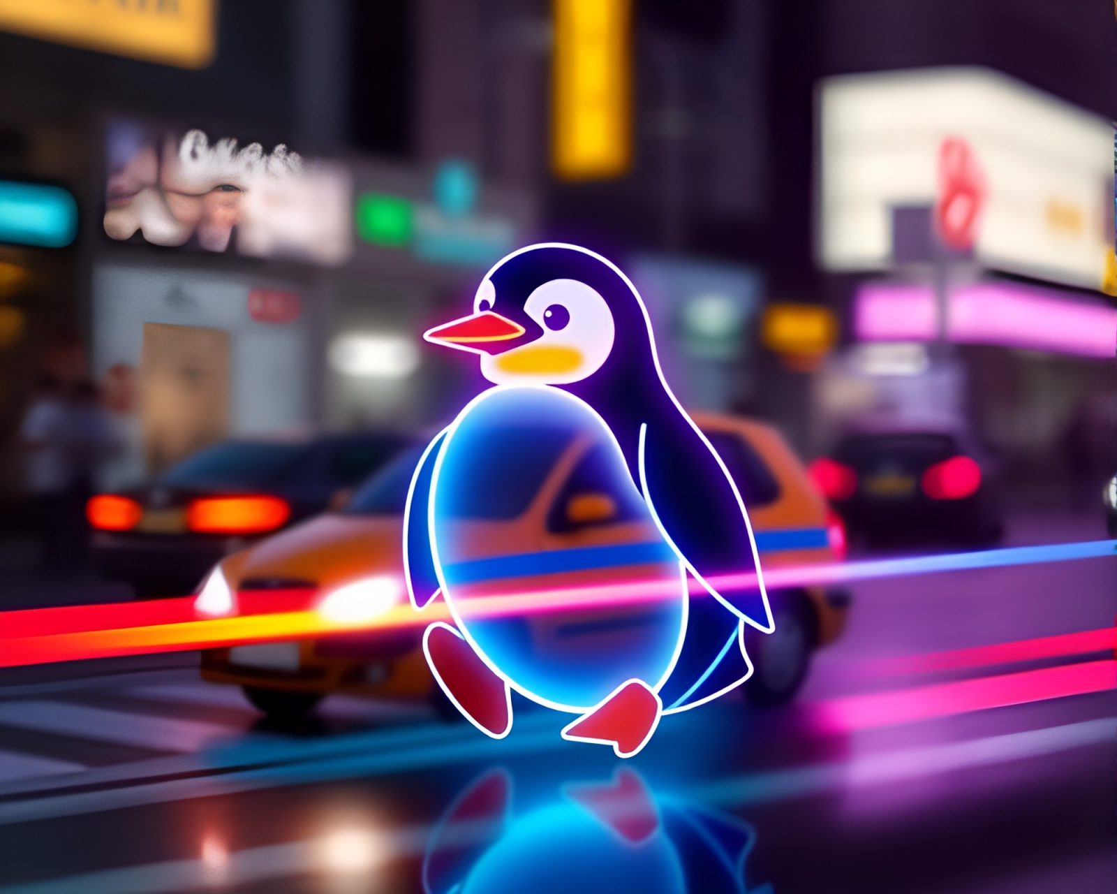 Skeuomorphic design of penguin amidst neon blur streaks.