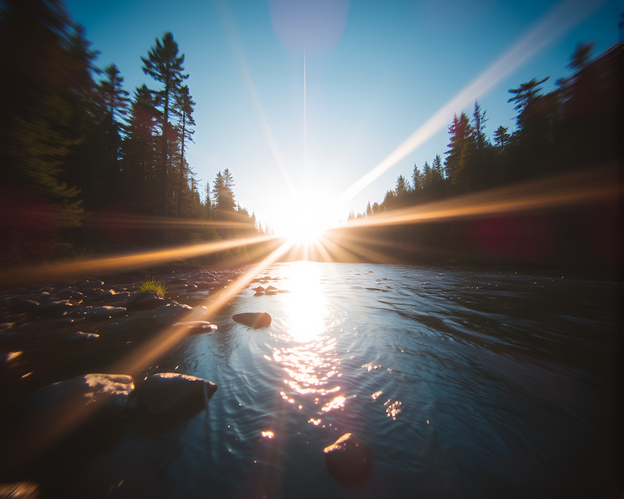 Mystical River Encounter with Glitch Vignette Lighting – free AI stock image