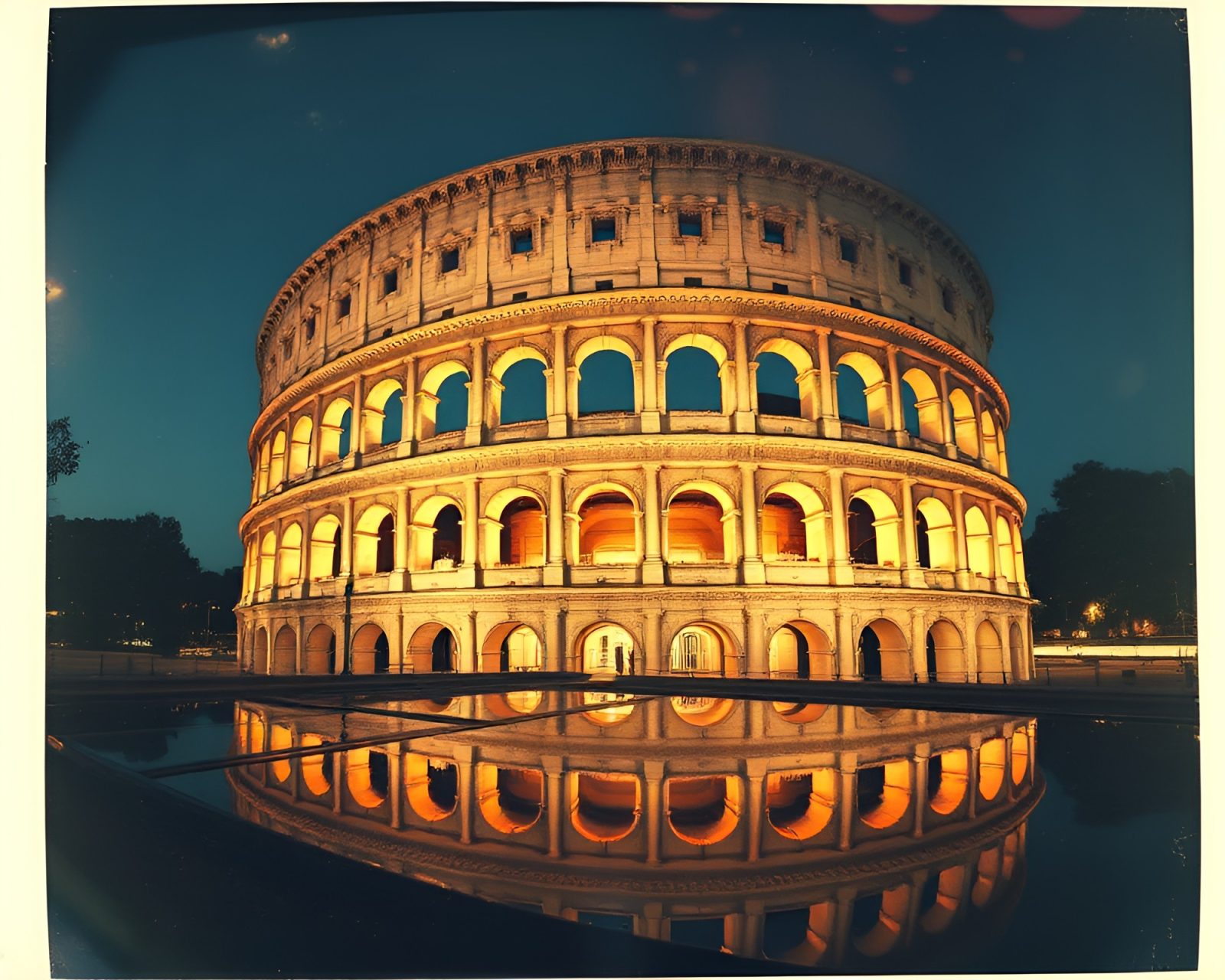 Vintage polaroid of Roman Coliseum with glitch art overlay