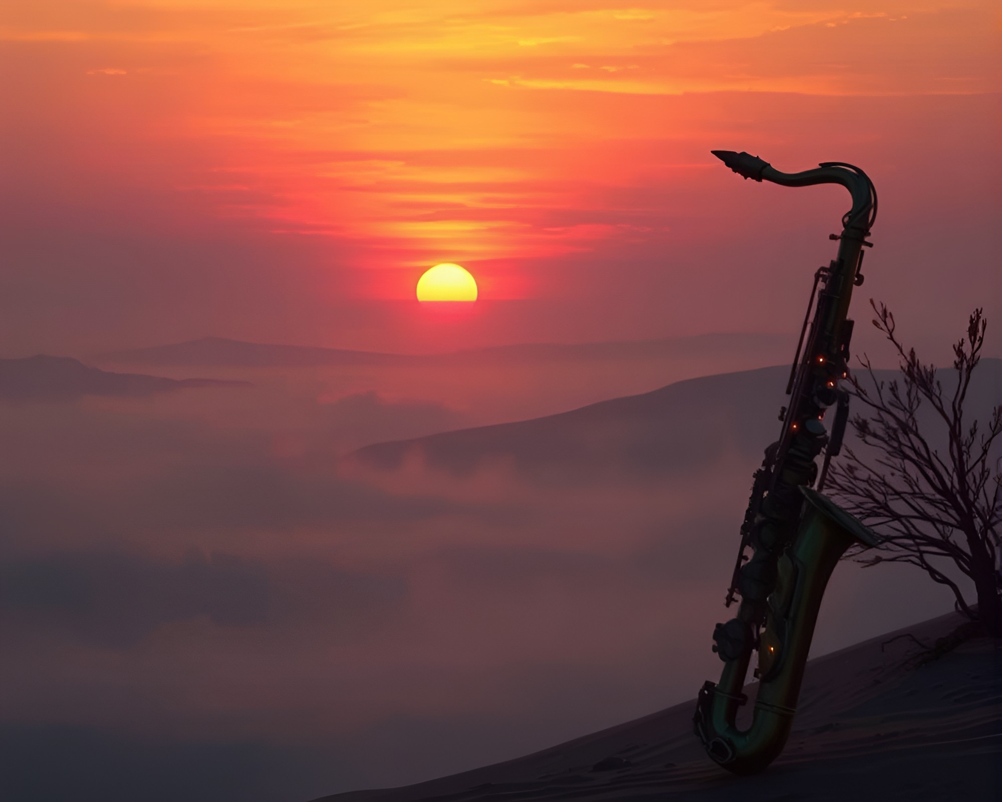 Saxophonist in Desert Fog at Sunset – free AI stock image