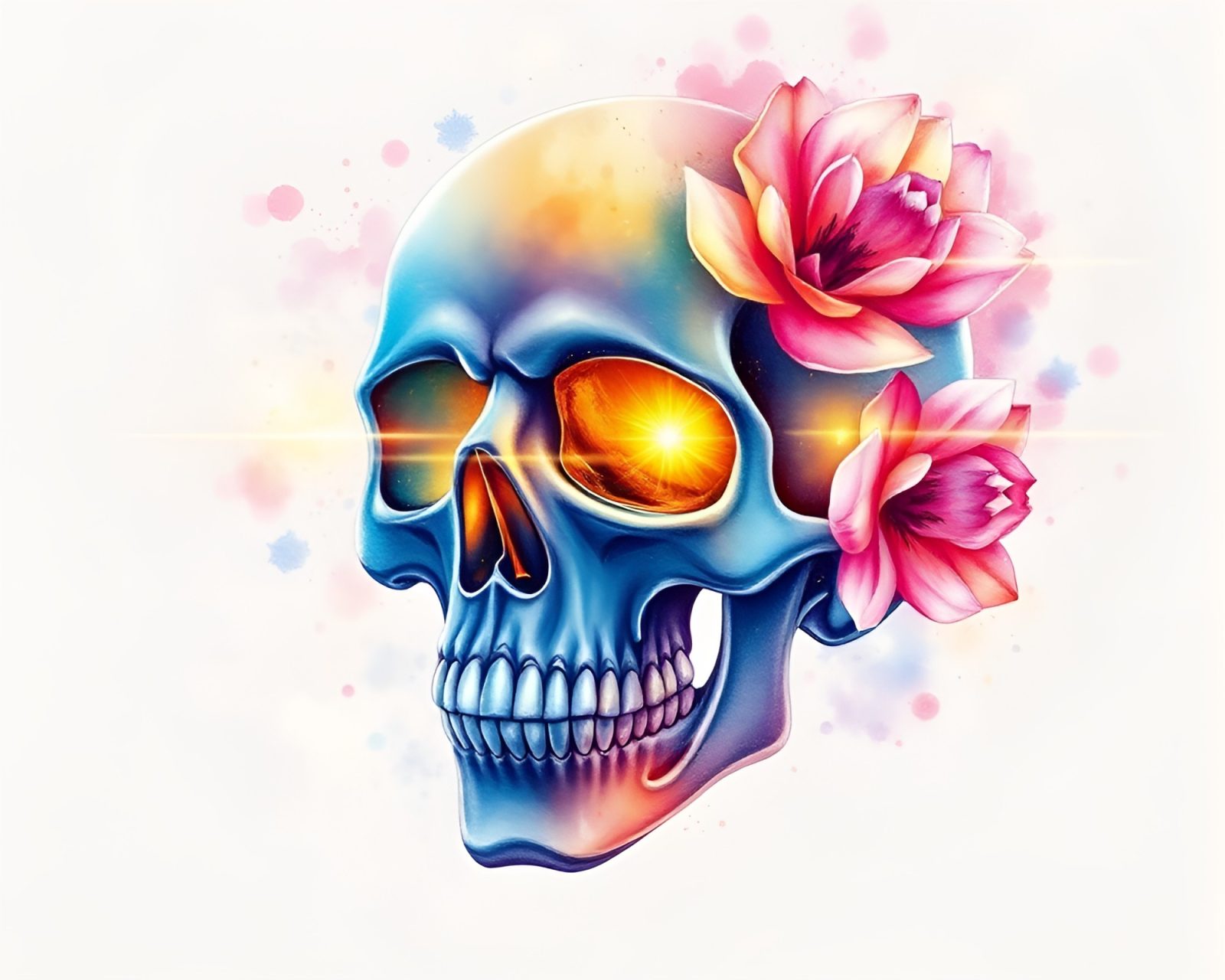 Technically illustrated crystal skull surrounded by vibrant watercolors