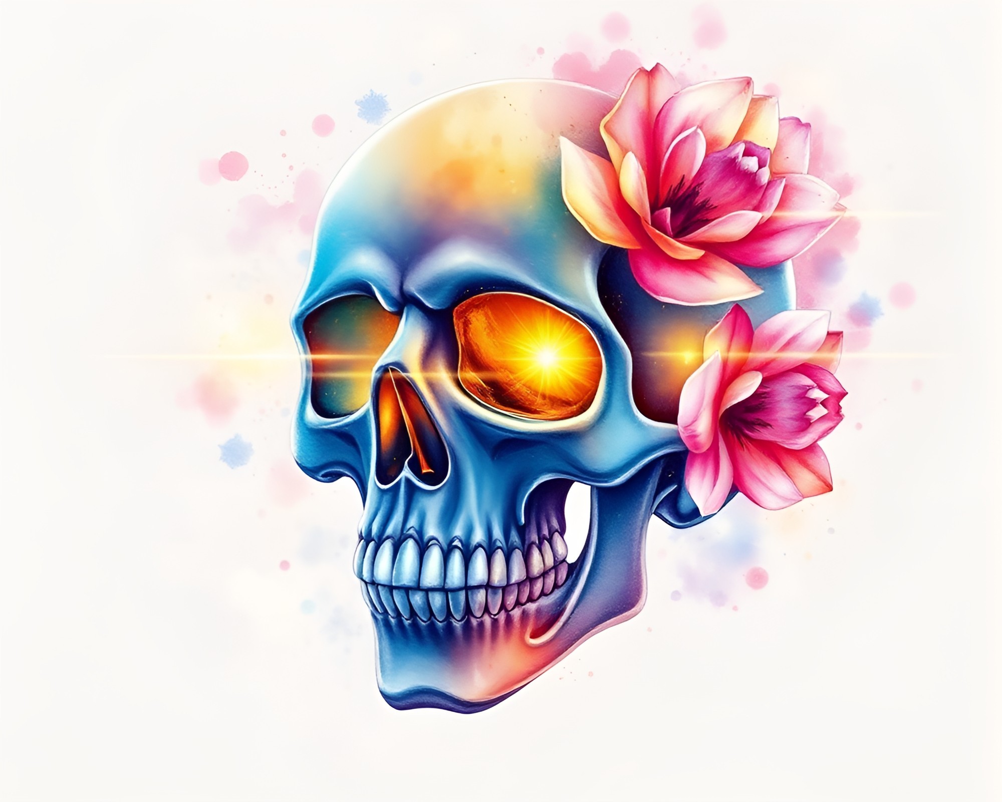 Glistening crystal skull amidst watercolor blooms – free AI stock image