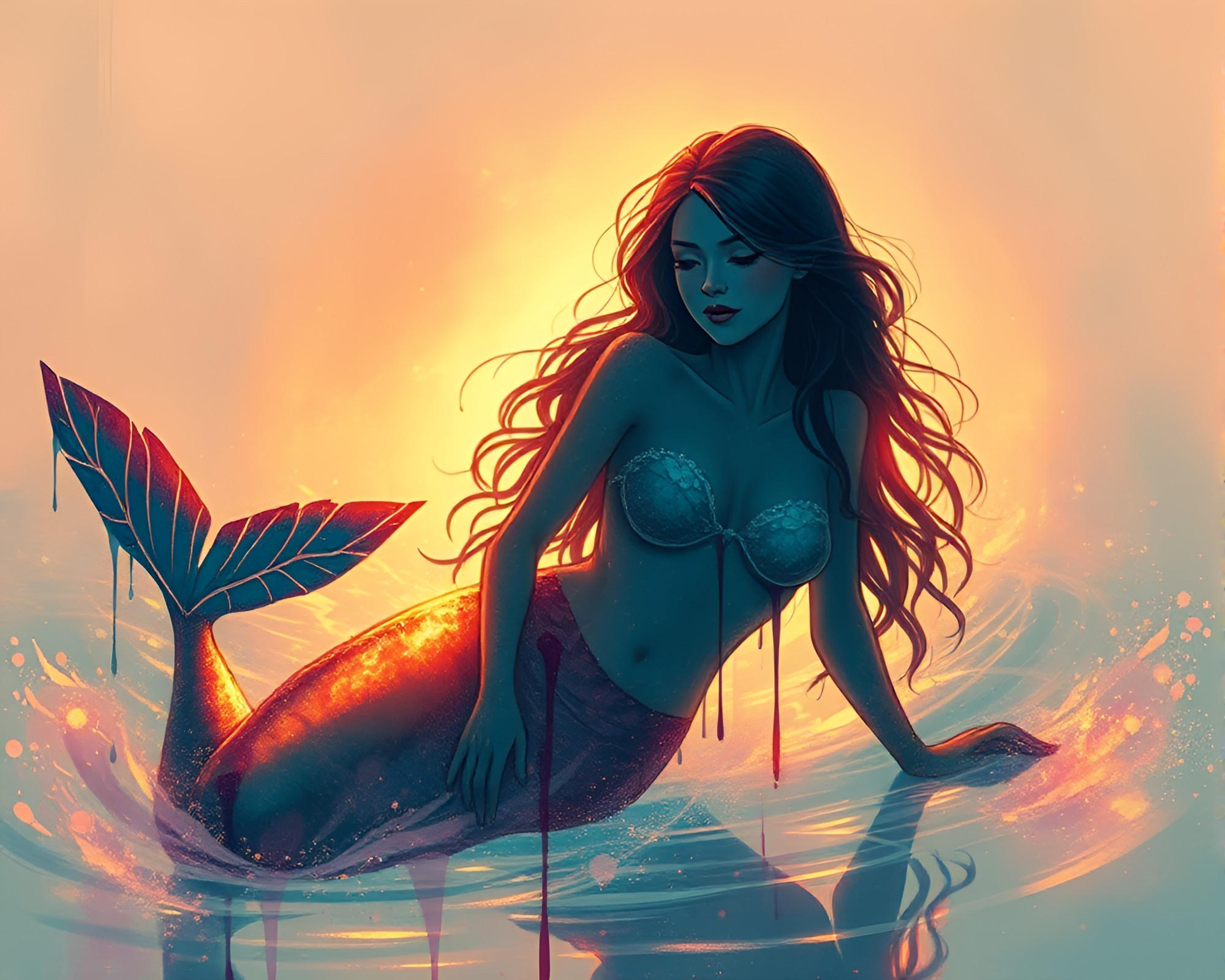 Futuristic Mermaid Bathed in Golden Morning Light – free AI stock image