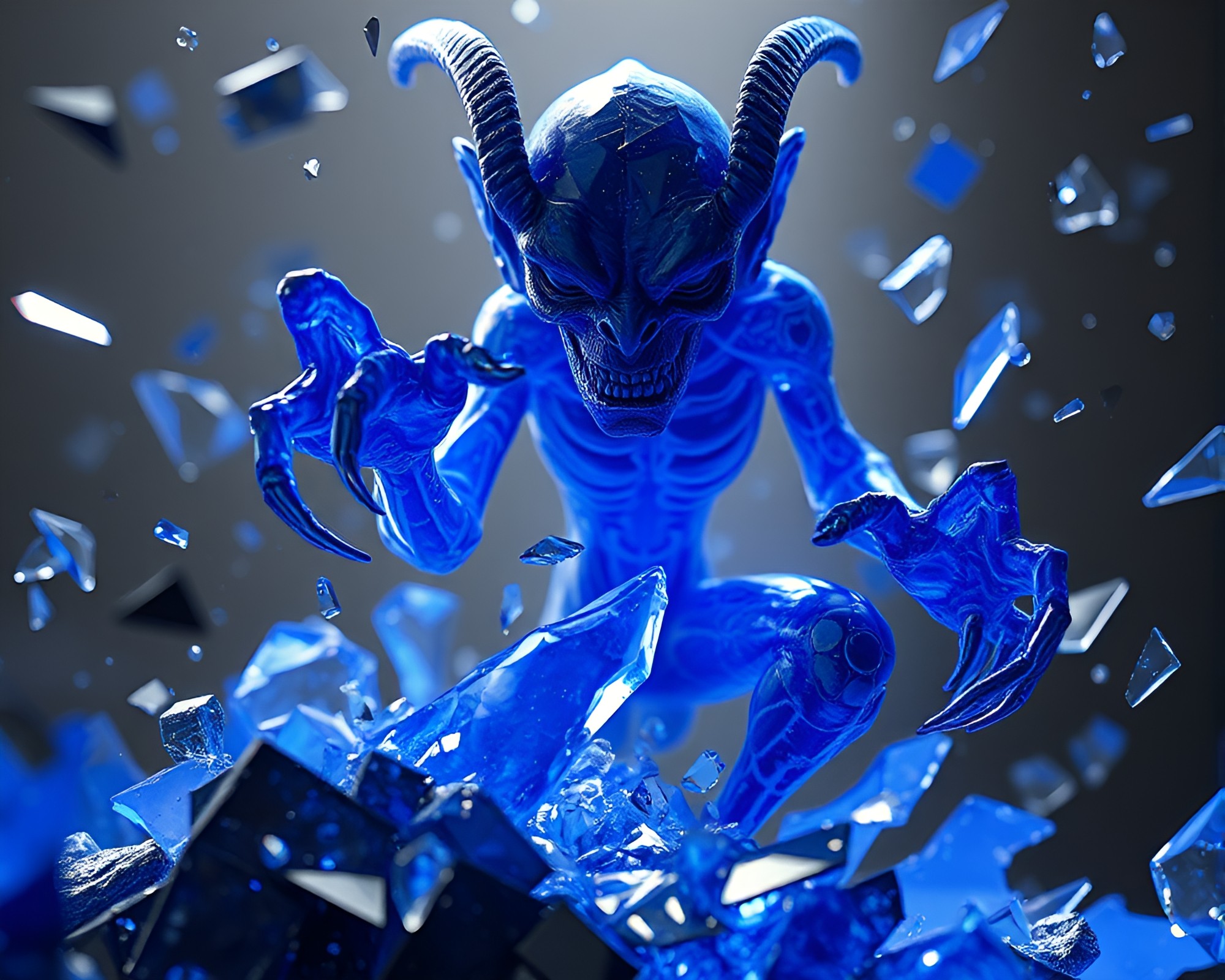 Goblin King Surrounded by Monochrome Blue Glass Shards – free AI stock image