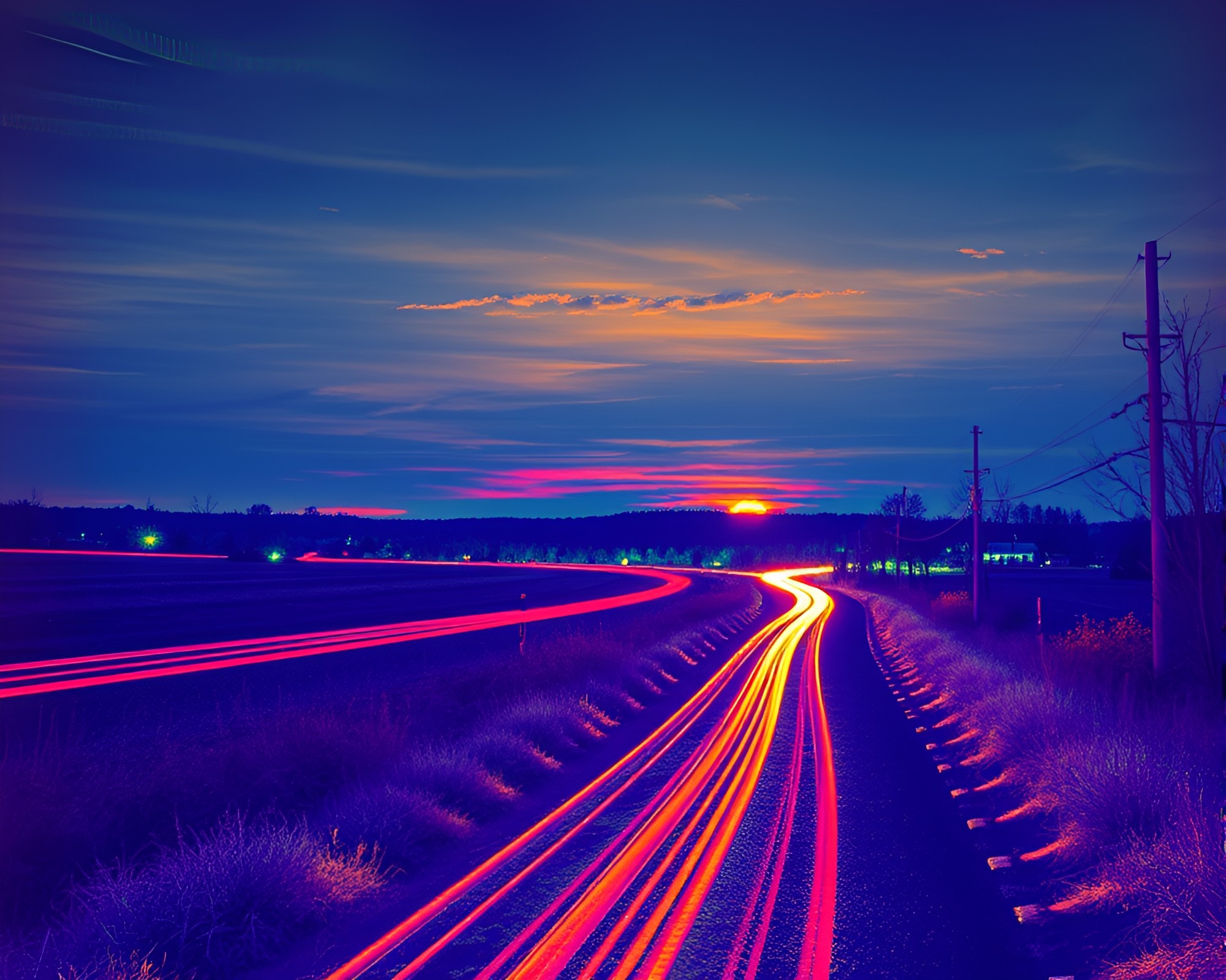 Retro Wave Sunset with Thermal Imaging Light Trails – free AI stock image