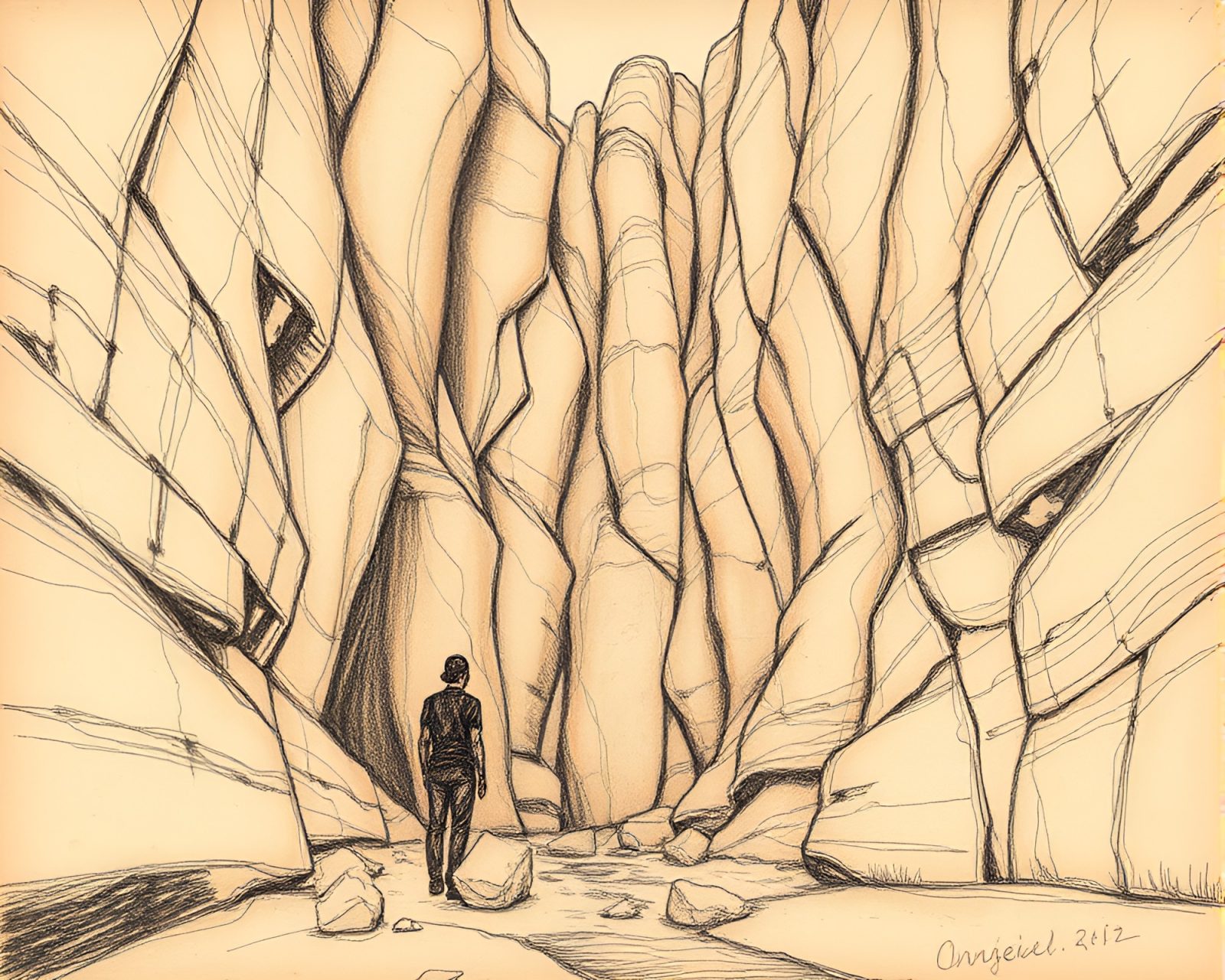 Conté crayon drawing of a time traveler etching lines in canyon