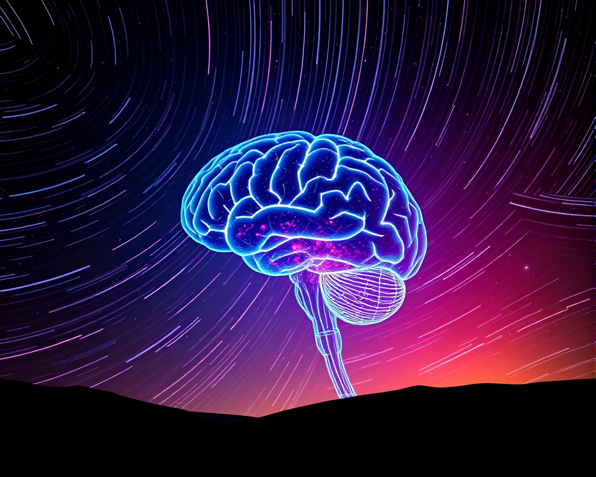 AI Brain Star Trails: Backlit Silhouette Triad – free AI stock image
