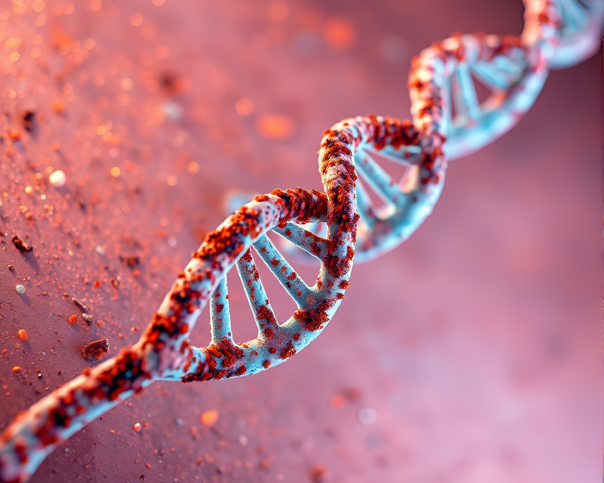 Vaporwave DNA Helix with Rust Flake Texture – free AI stock image