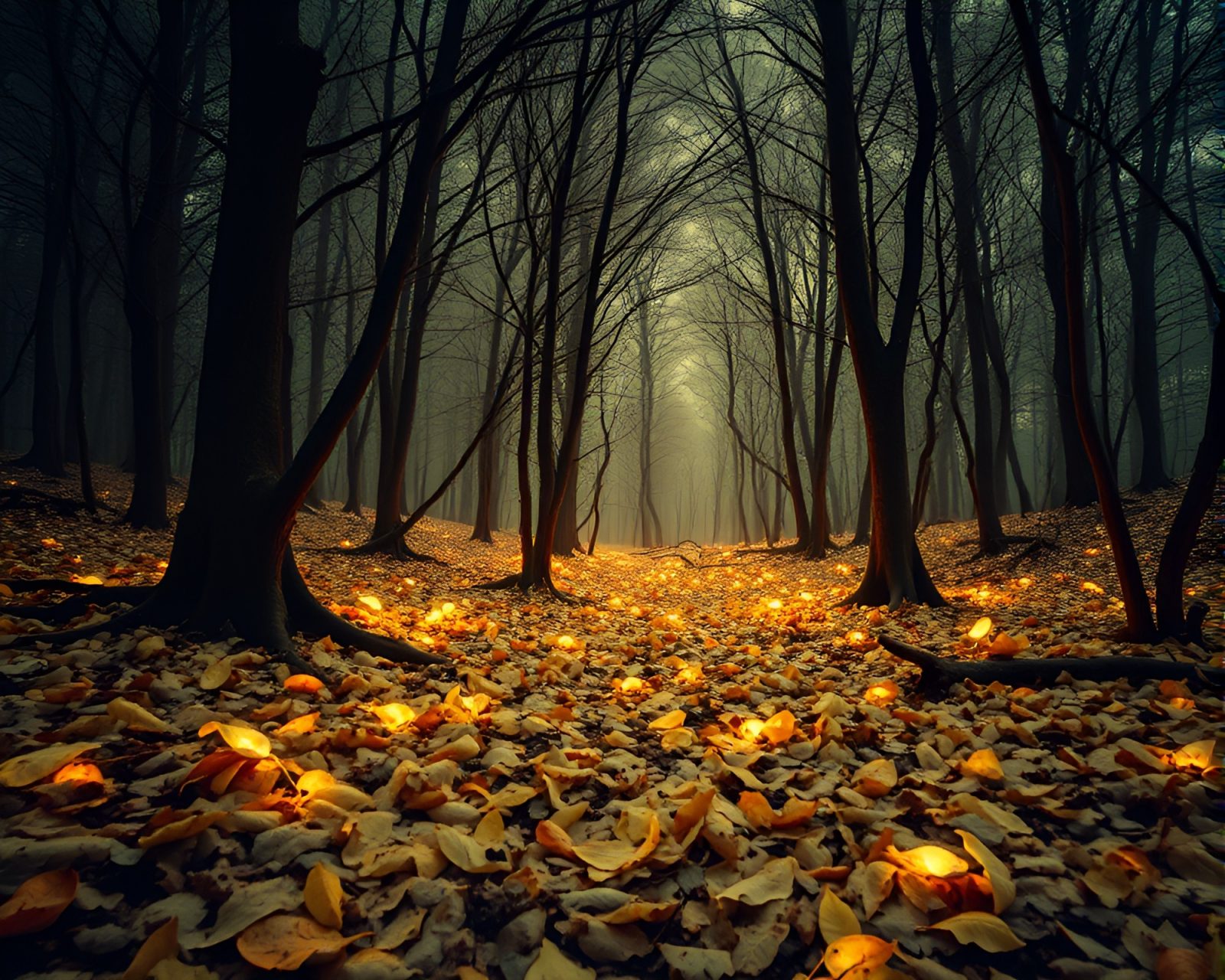 Fantastical off-white glowing forest floor covered in leaf litter