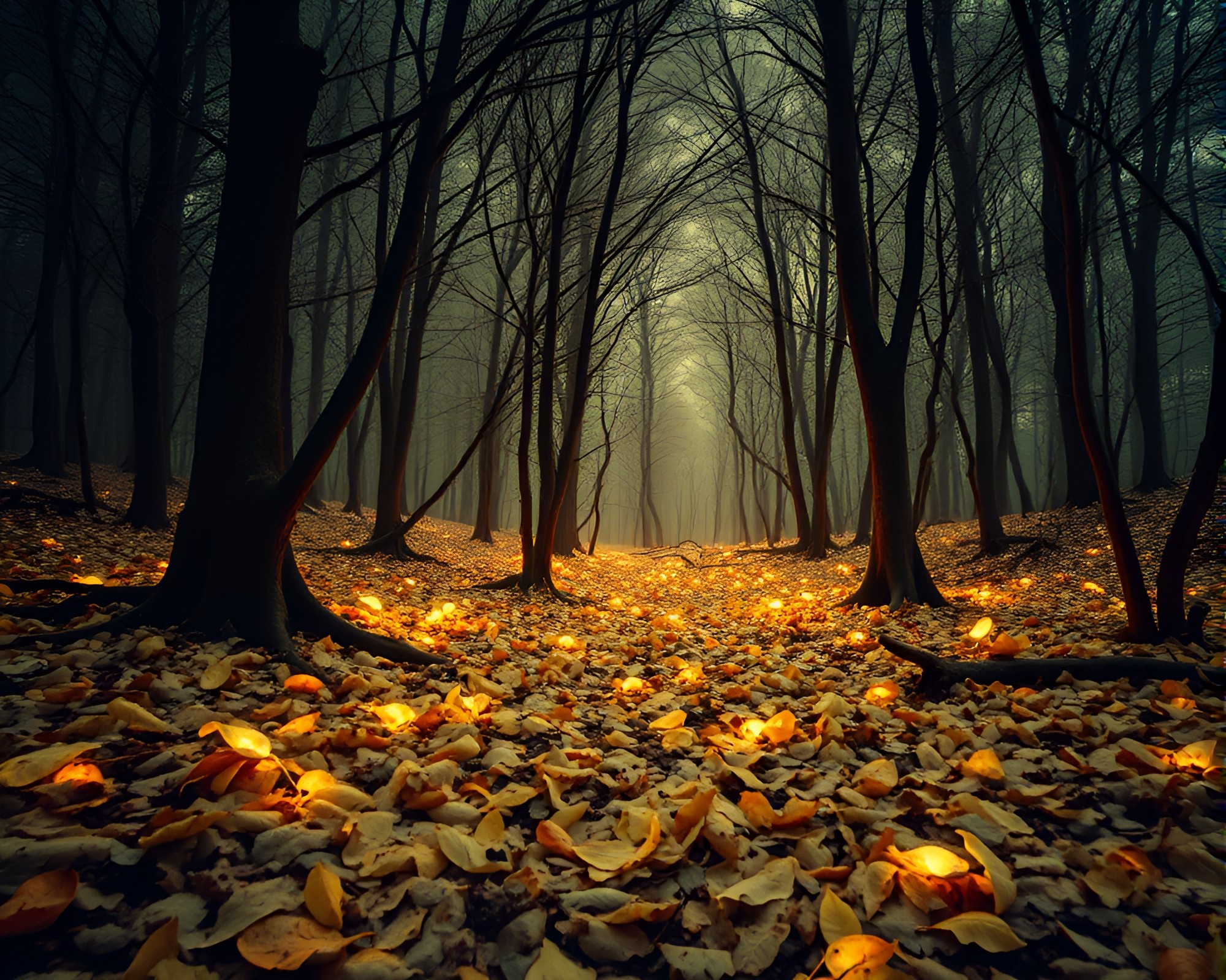 Surreal Bioluminescent Forest with Leaf Litter Illumination – free AI stock image