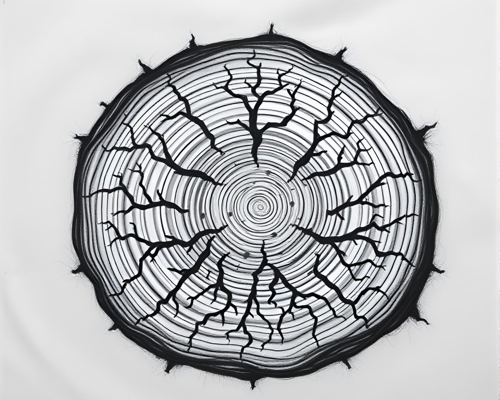 Intricate tree ring pattern forming a crown in black