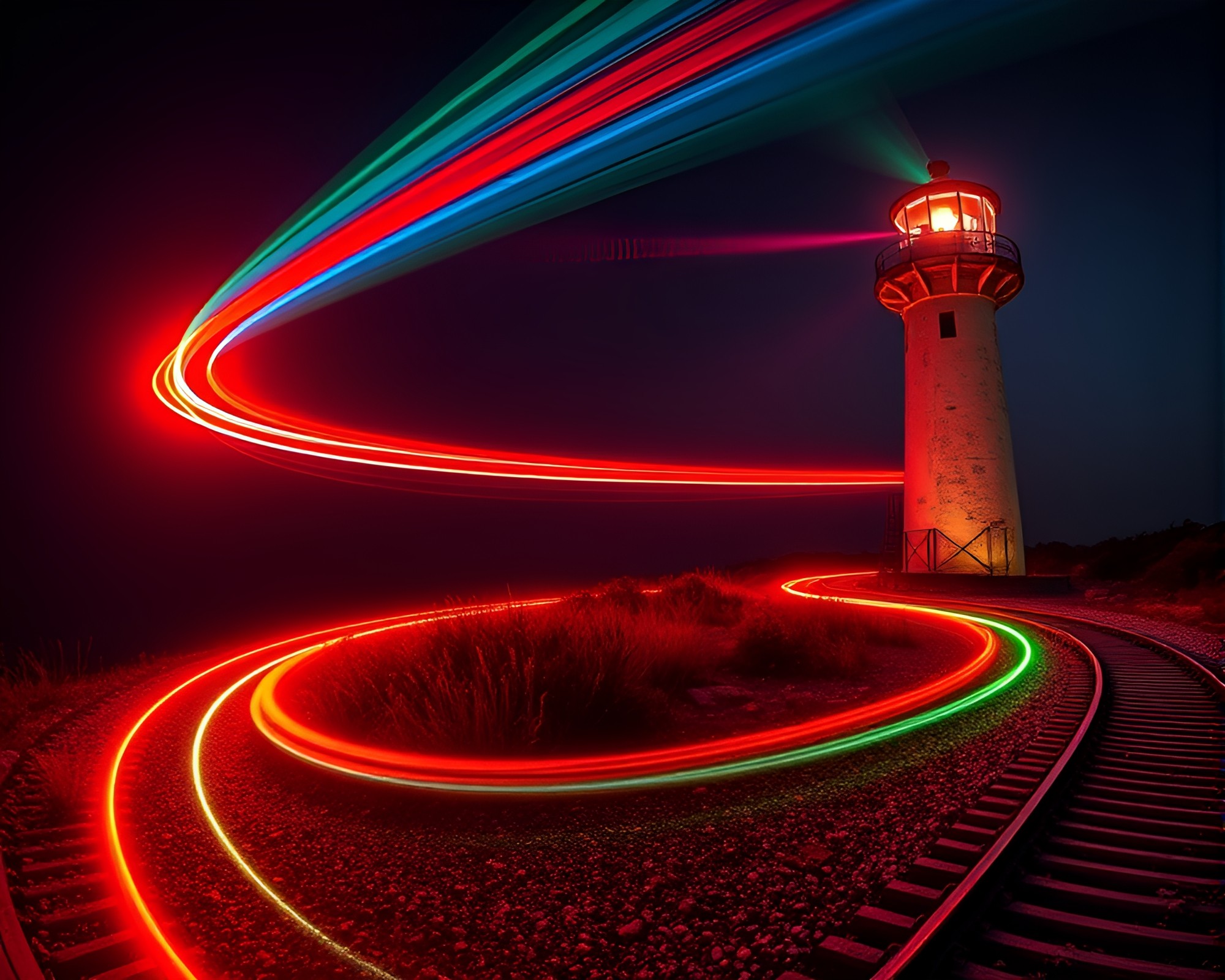 Ethereal Light Trails at Neon Lighthouse – free AI stock image