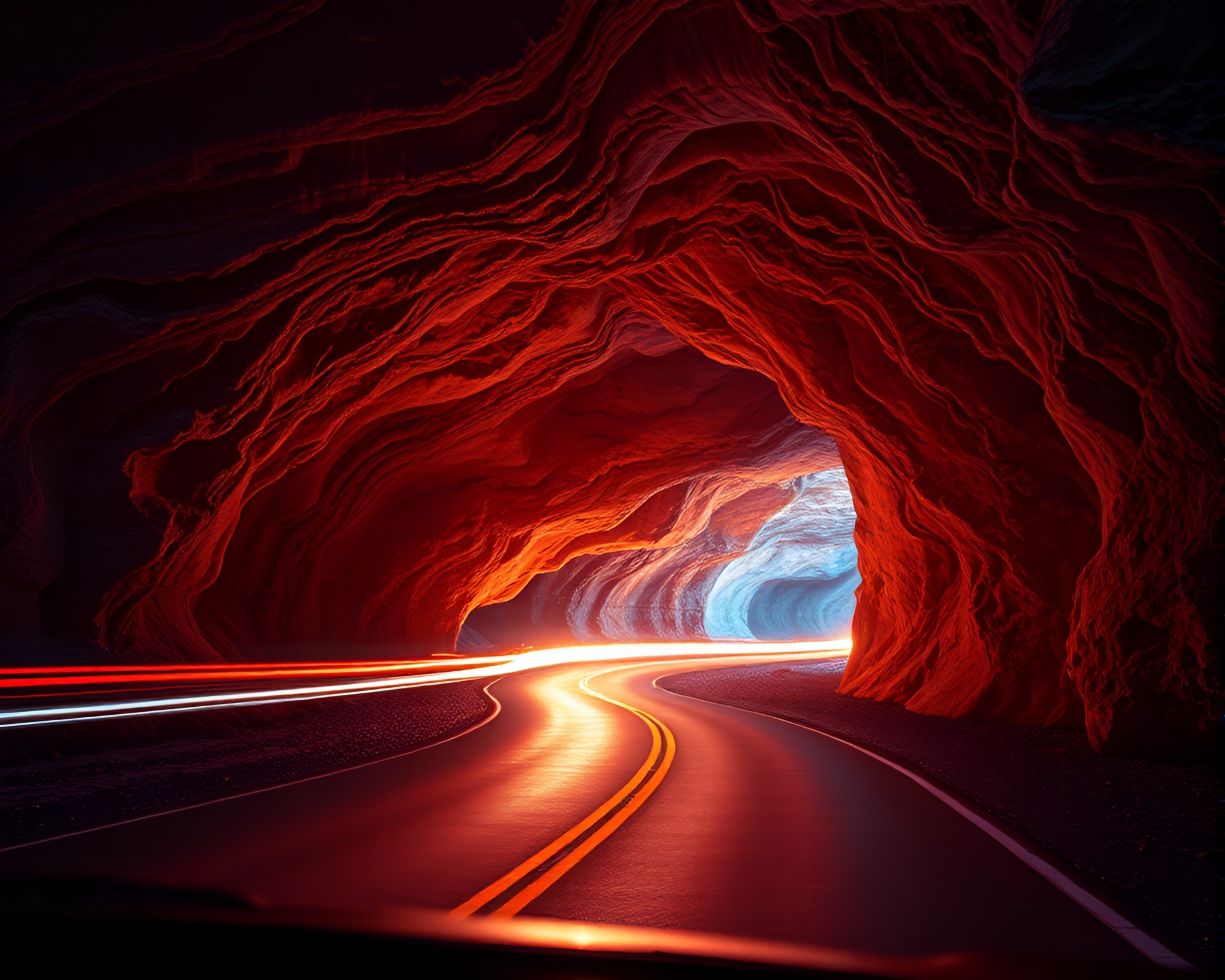 Car Light Trails in Glacial Cave – free AI stock image