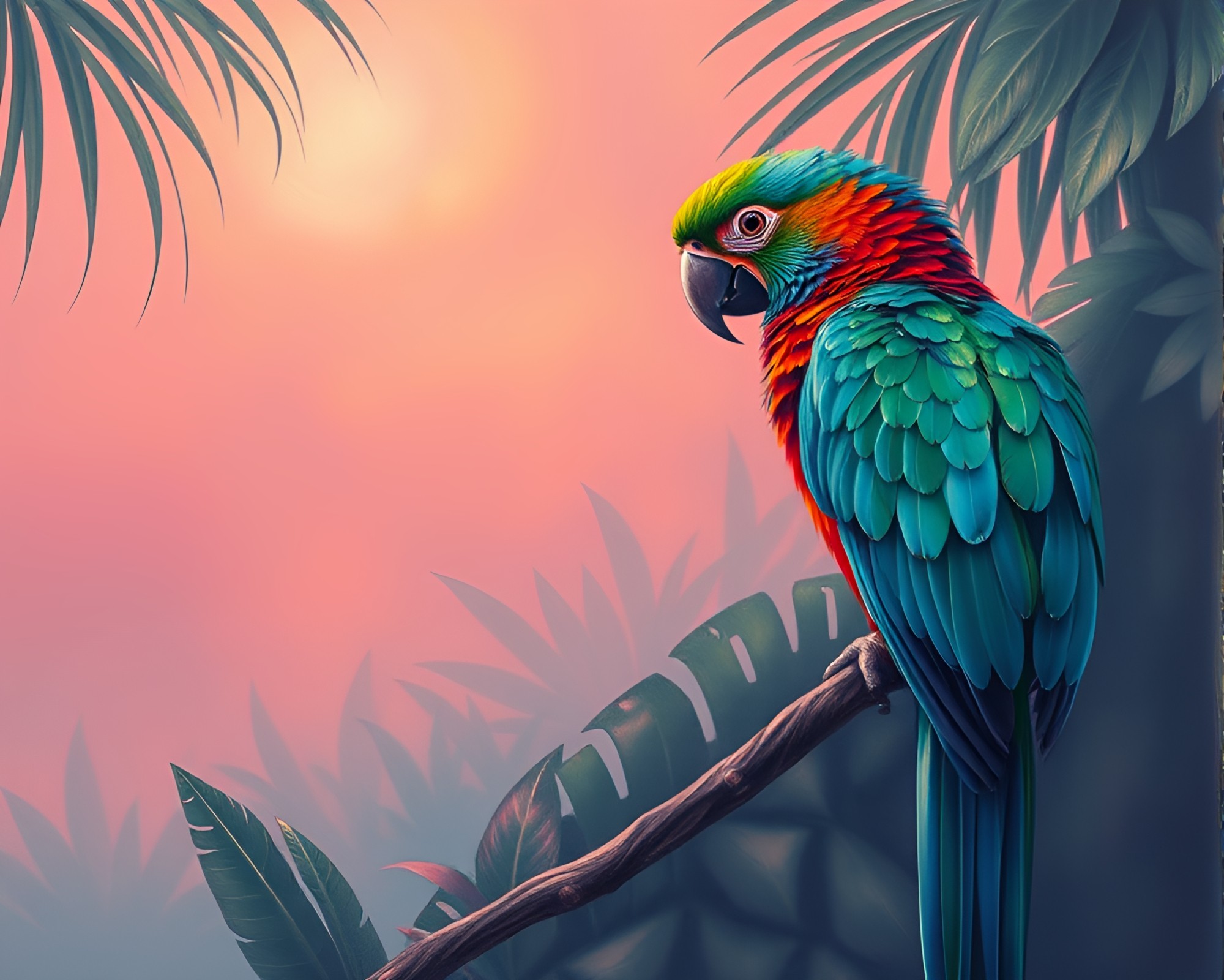 Palm Tree Pathway: Tropical Parrot Underpainting – free AI stock image
