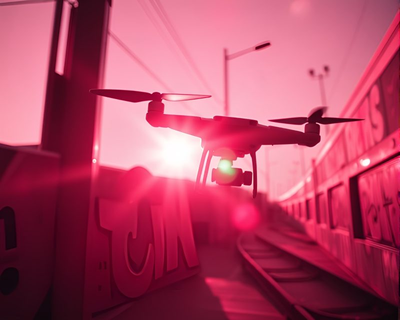 Neon Graffiti Infrared Drone Capturing Sun Glare Photography – free AI stock image