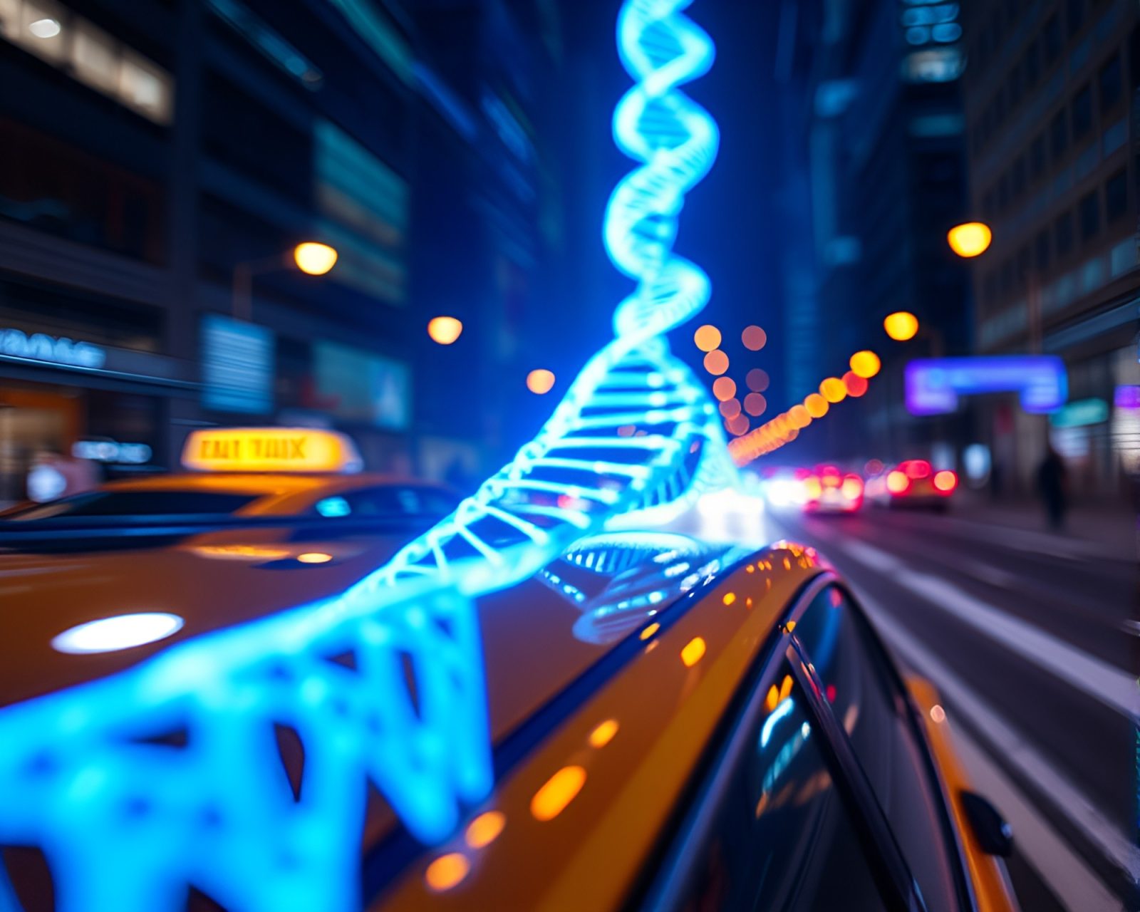 Real-time ray traced image of DNA helix in blue light streaks