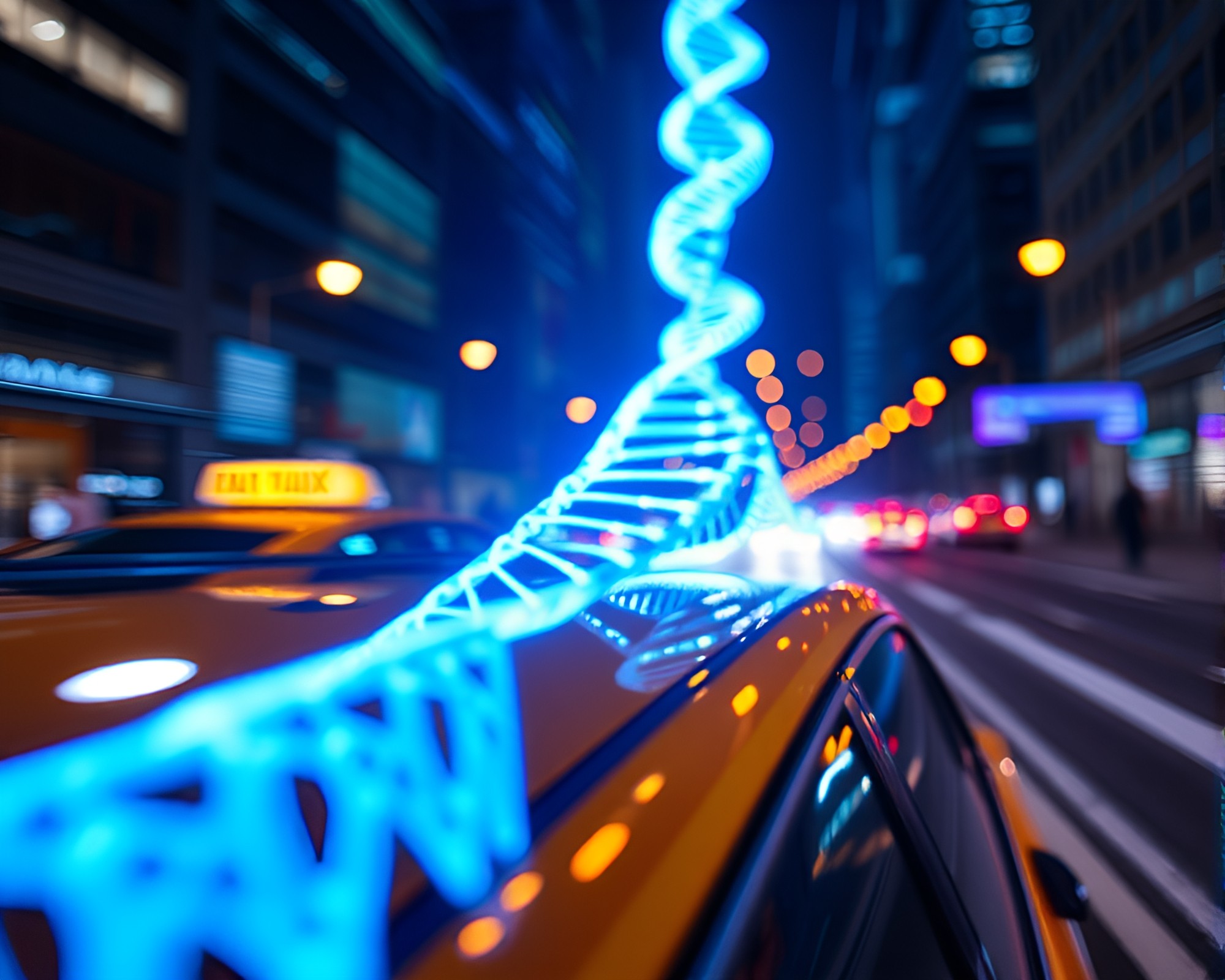 Abstract DNA Helix in Arctic Taxi Light Streaks – free AI stock image