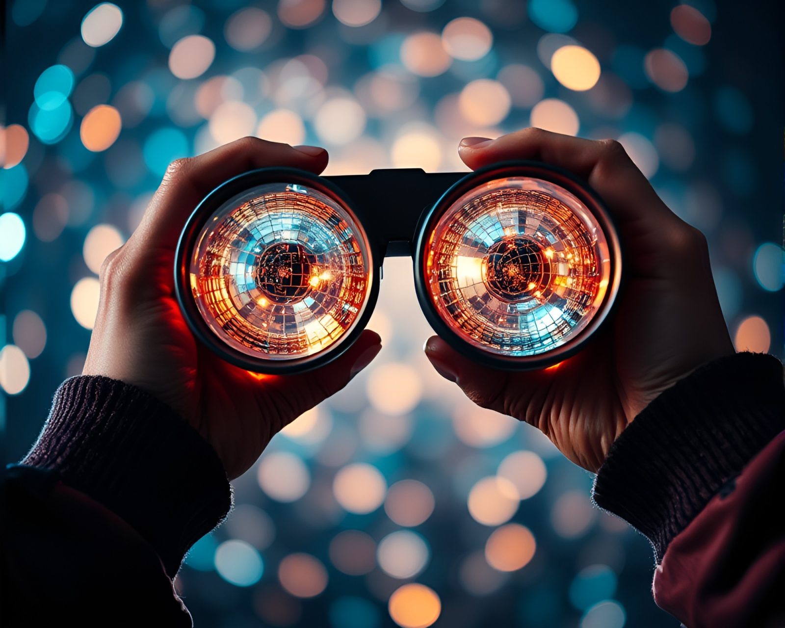A dreamy impressionist painting featuring binoculars with disco ball reflections.