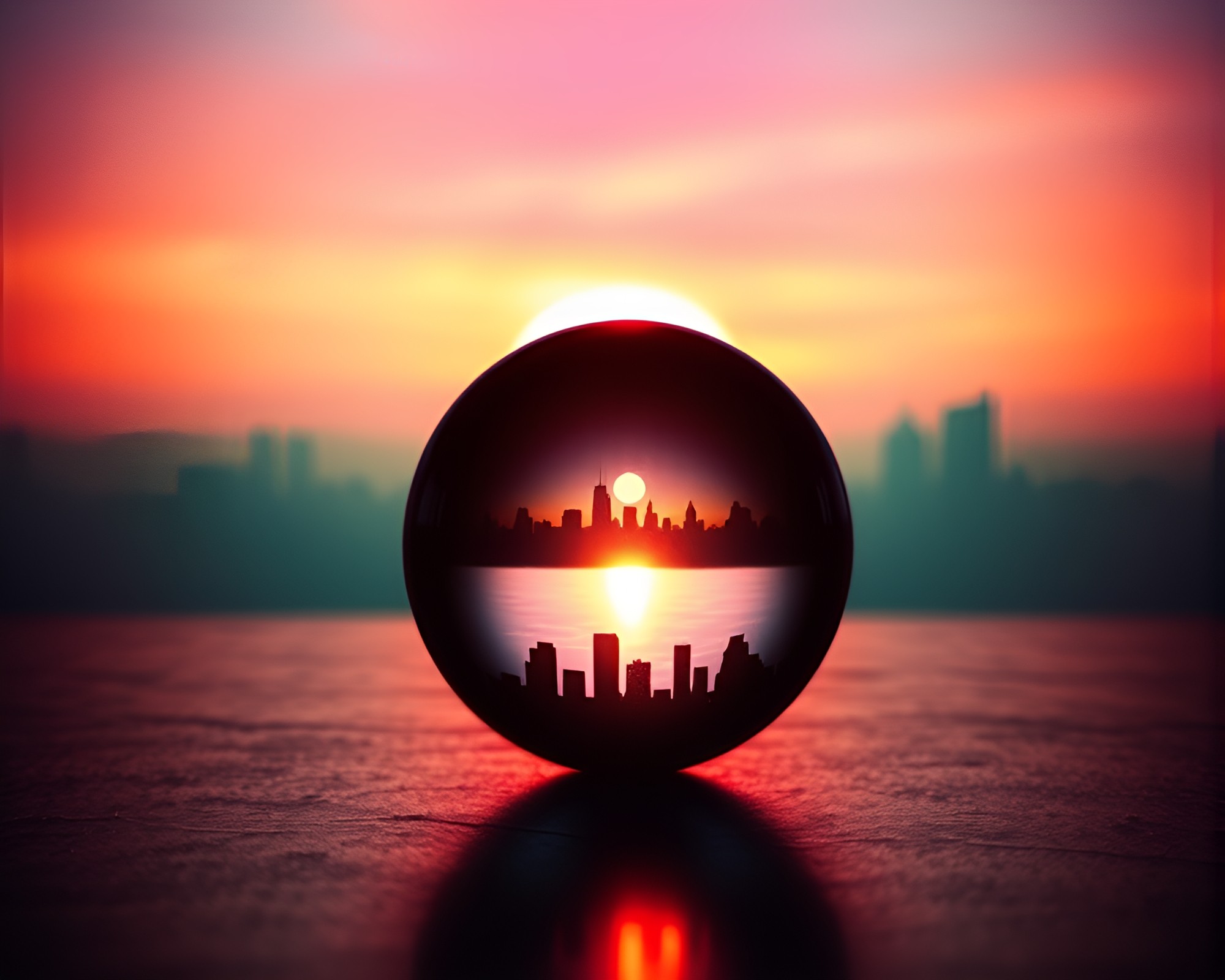 Sunset Glass Orb Holographic Cityscape Fantasy – free AI stock image