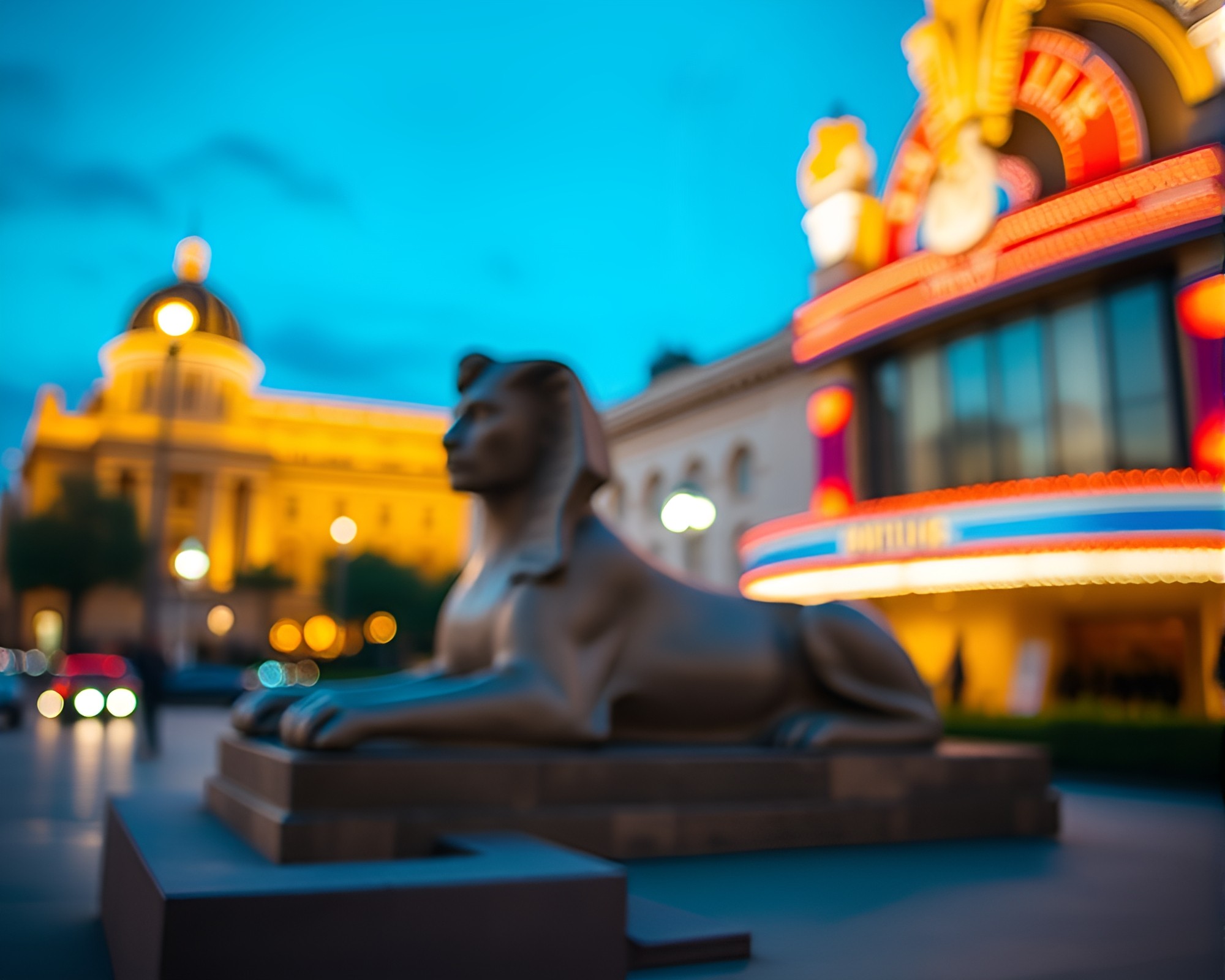 Sphinx Statue in Tilt-Shift Opera House Glow – free AI stock image