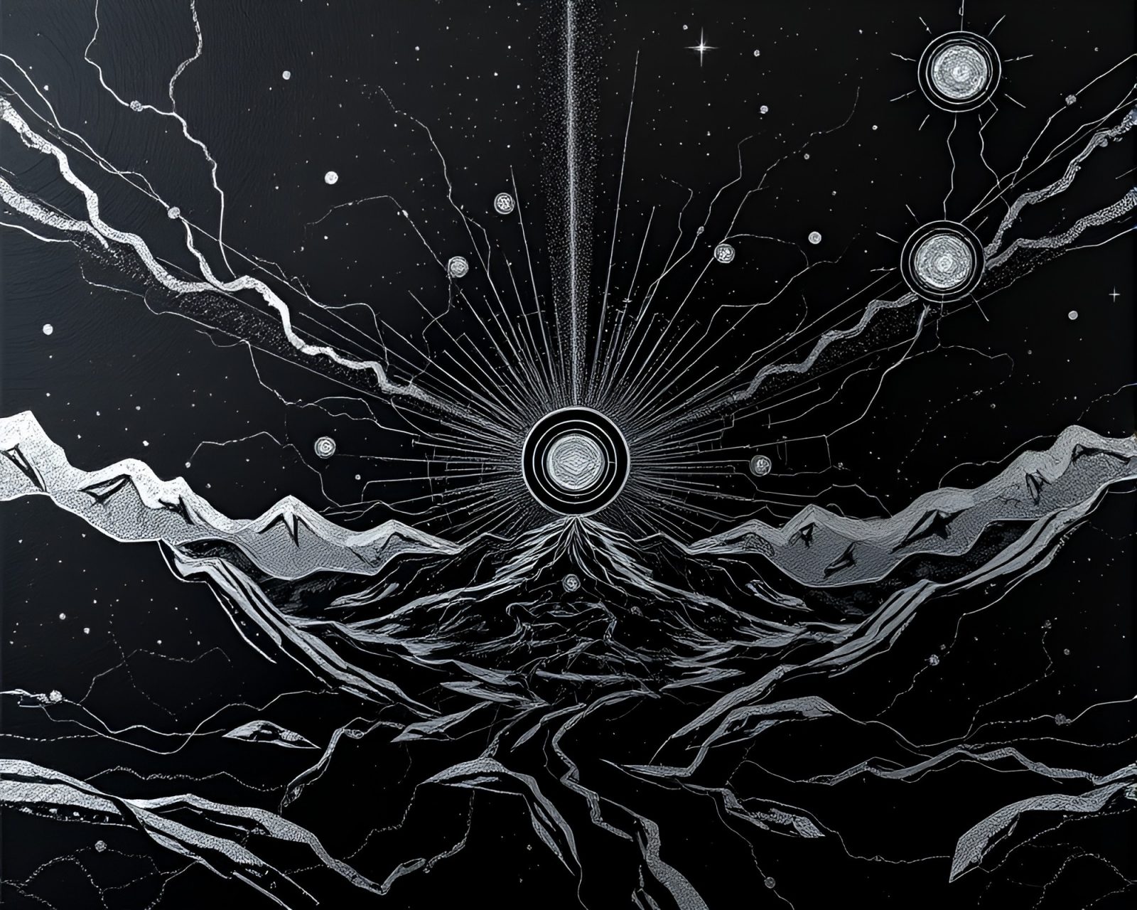 Mysterious sgraffito style depiction of glowing zero-point energy reactor