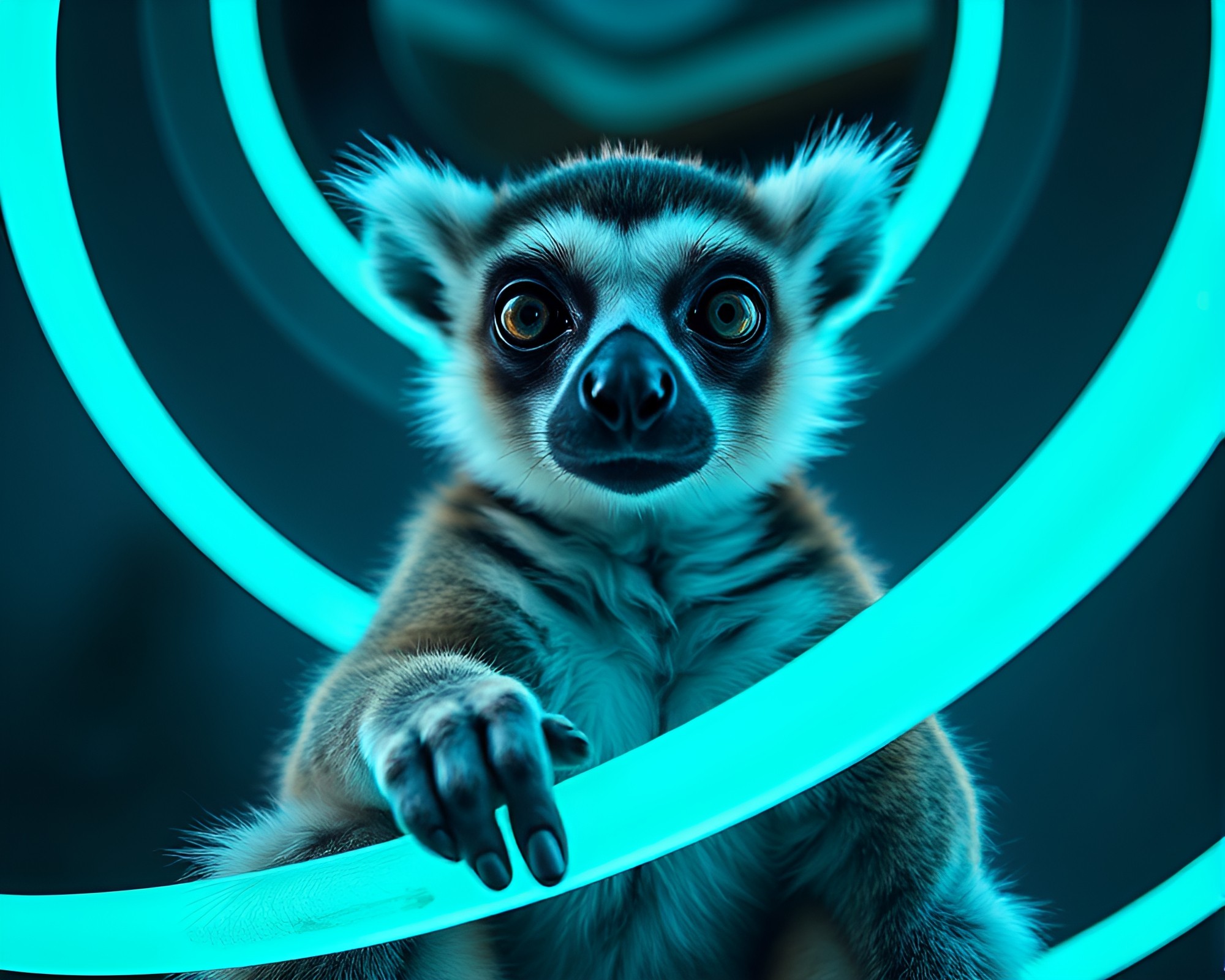 Vibrant Lemur in Turquoise Neon Habitat – free AI stock image