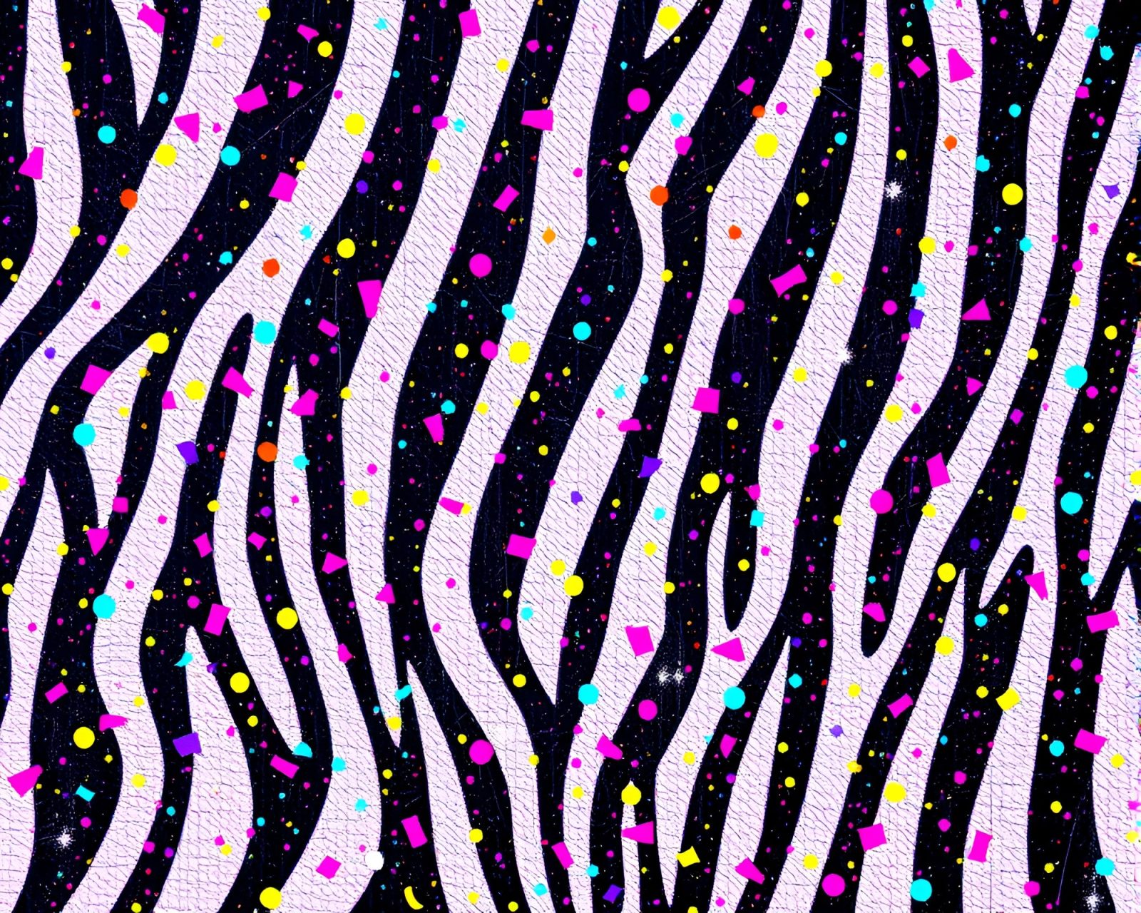 Vibrant zebra stripes dancing under ultraviolet lights and confetti